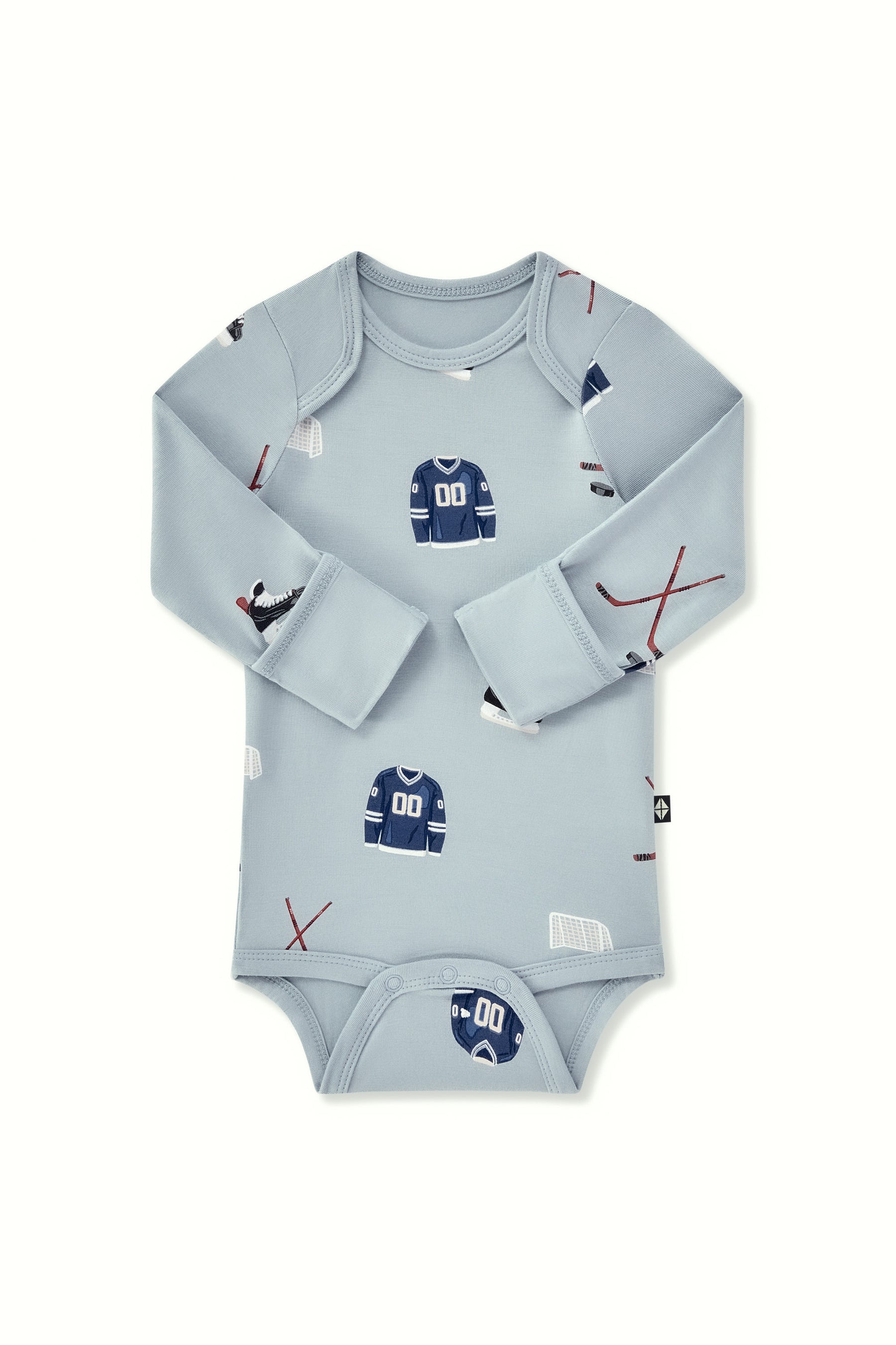 Long Sleeve Bodysuit in Vintage Hockey print with folded sleeves on a white background