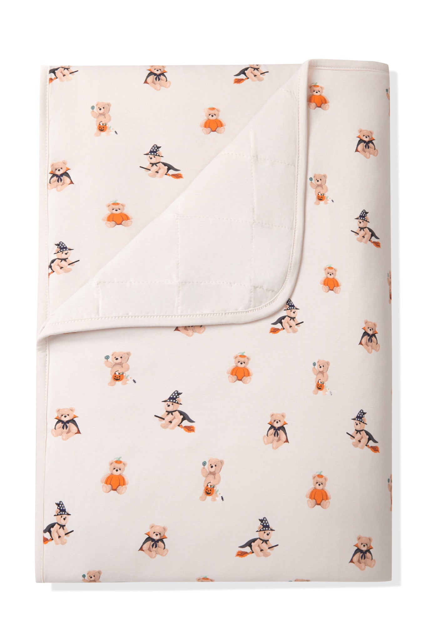 Beige Toddler Blanket in Halloween Teddy 1.0 print on a white a background