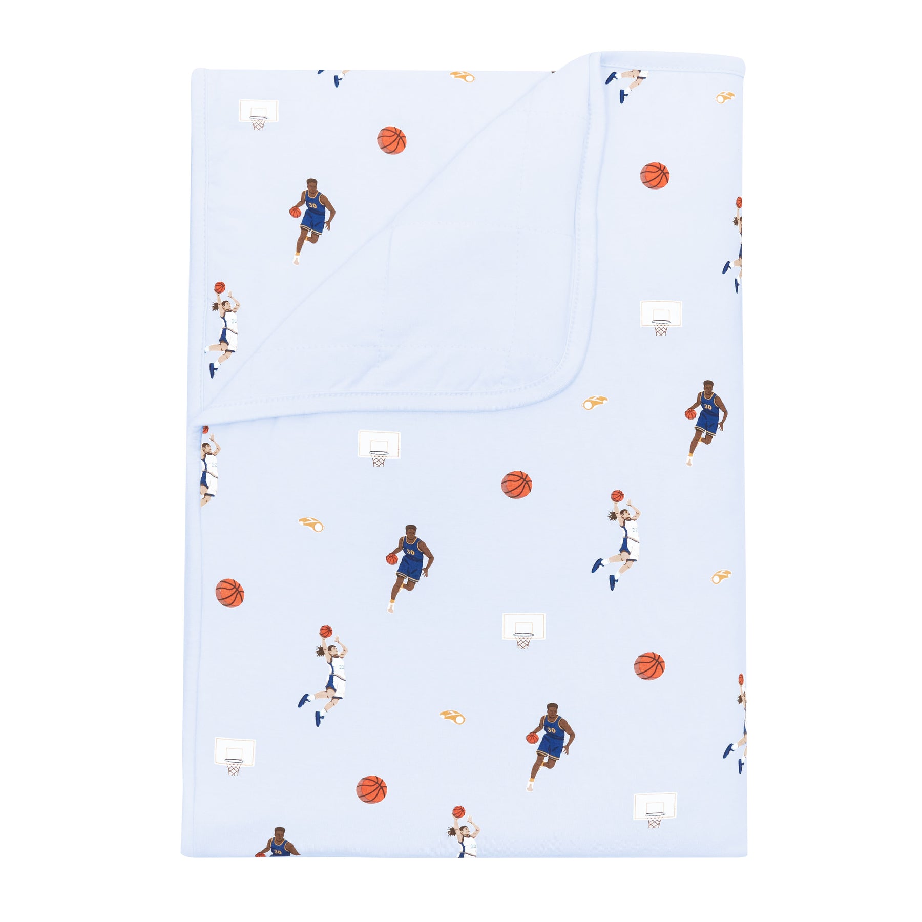 Toddler Blanket in Basketball 1.0 with the corner flipped down showing the Mist colored backing