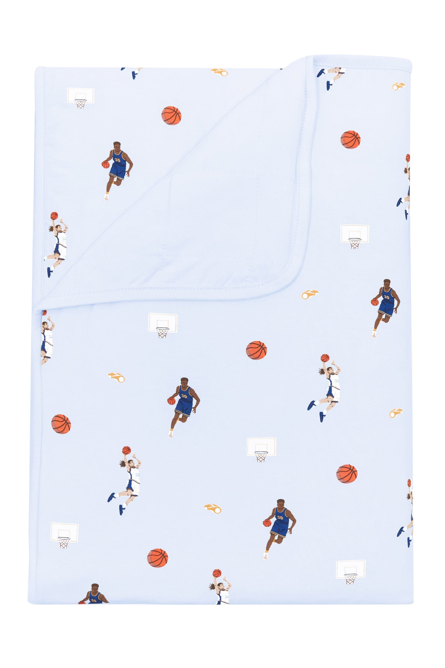 Toddler Blanket in Basketball 1.0 with the corner flipped down showing the Mist colored backing