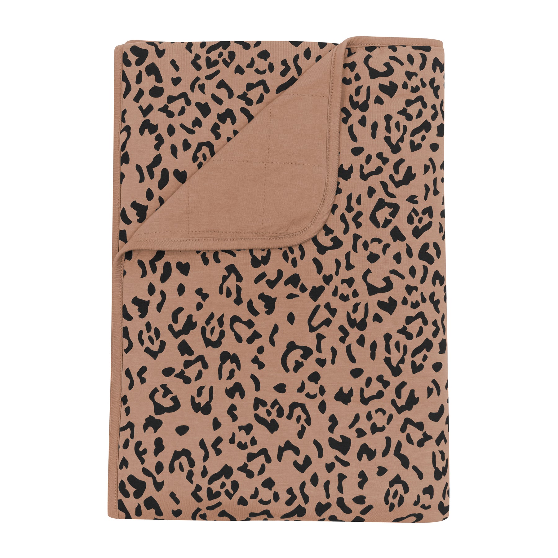 Toddler Blanket in Latte Leopard 1.0 shown with corner flipped down showing the latte colored backing