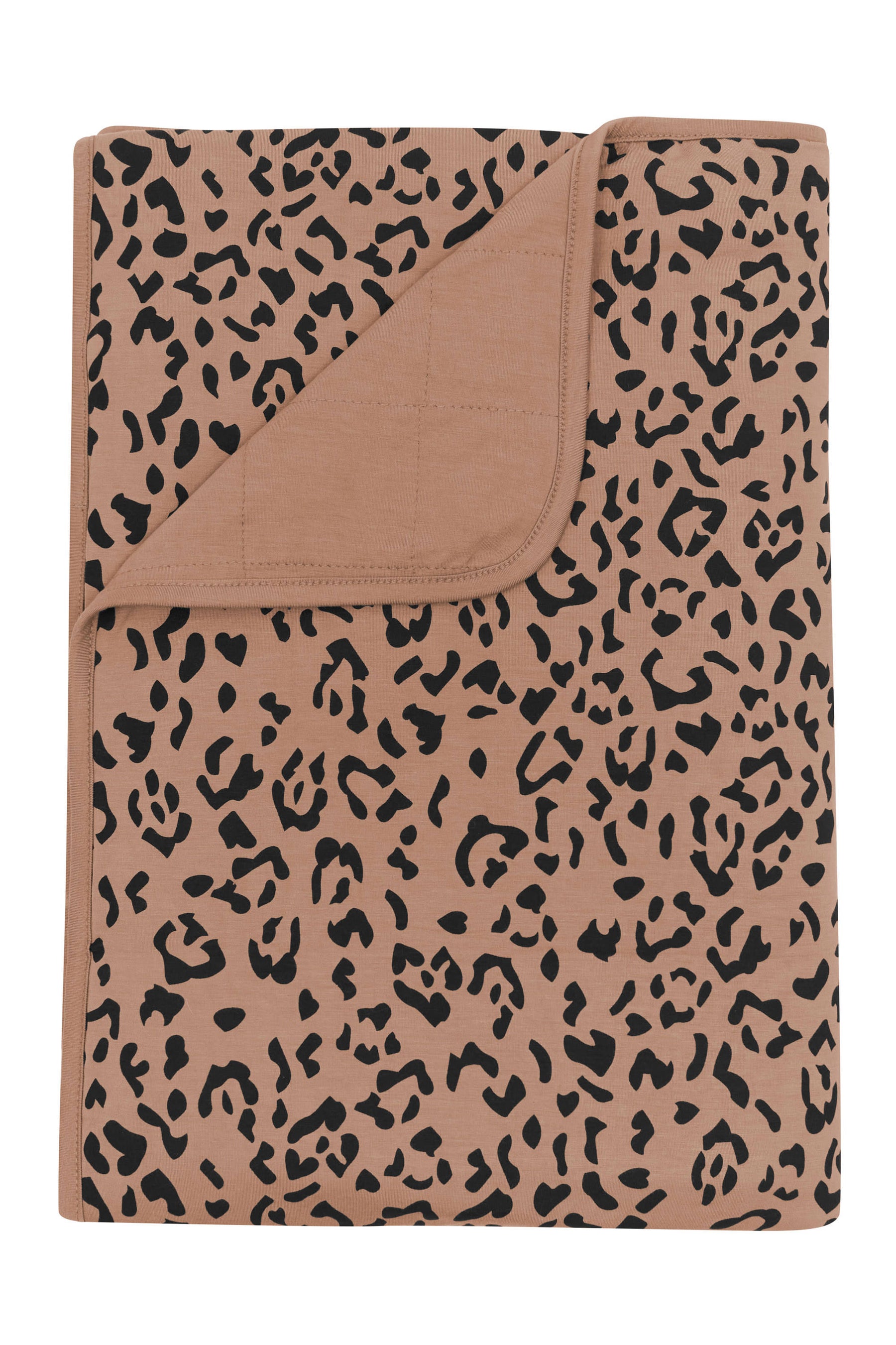 Toddler Blanket in Latte Leopard 1.0 shown with corner flipped down showing the latte colored backing