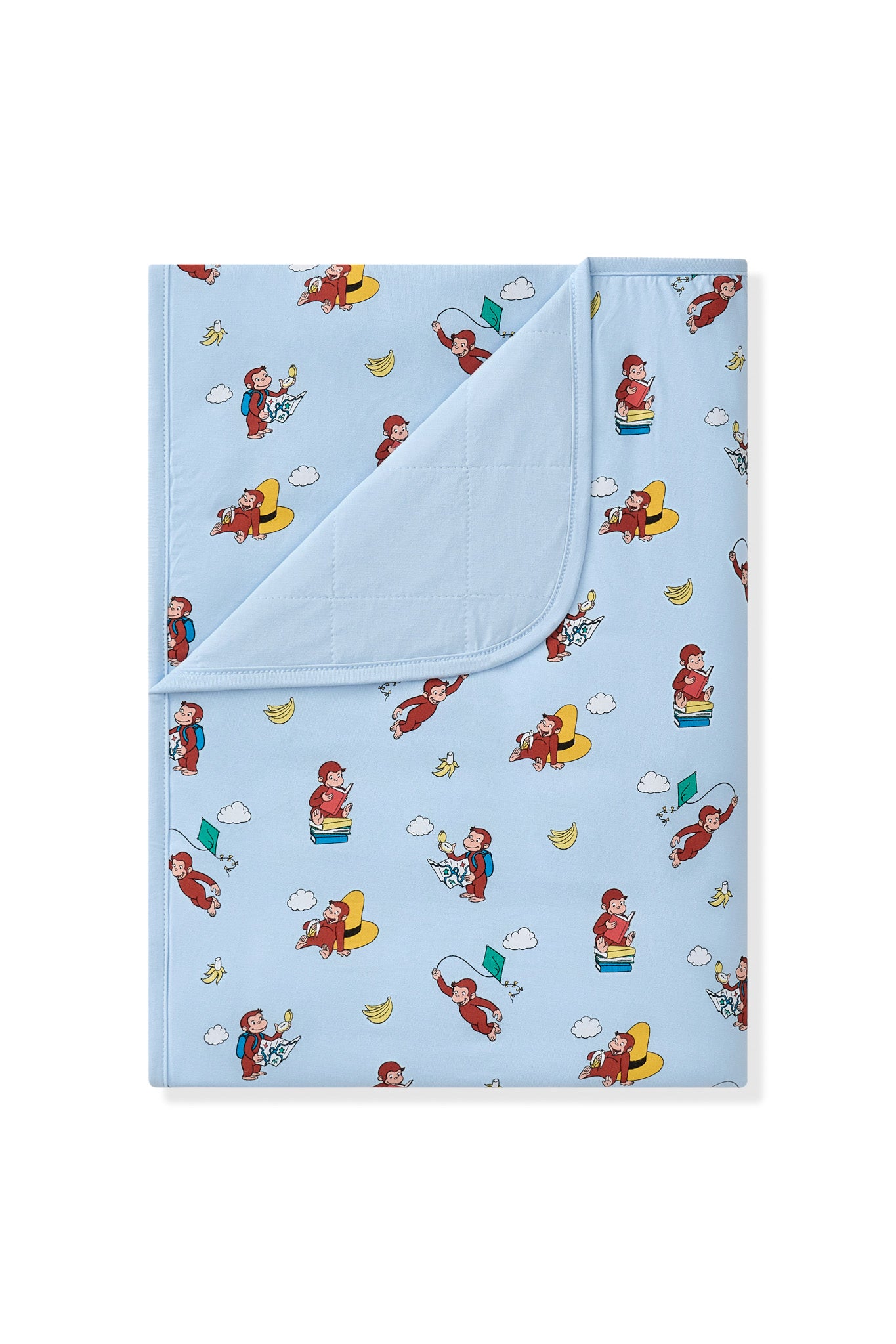 Blue Toddler Blanket in Curious George 1.0 print on a white background