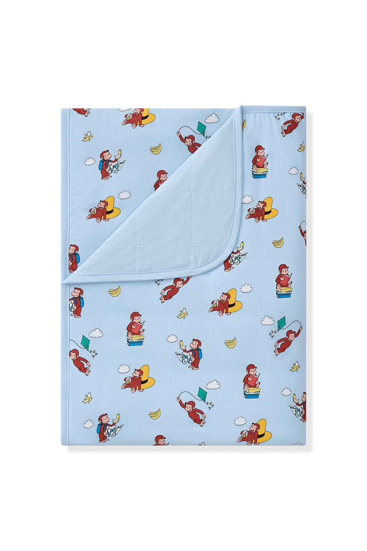 Blue Toddler Blanket in Curious George 1.0 print on a white background