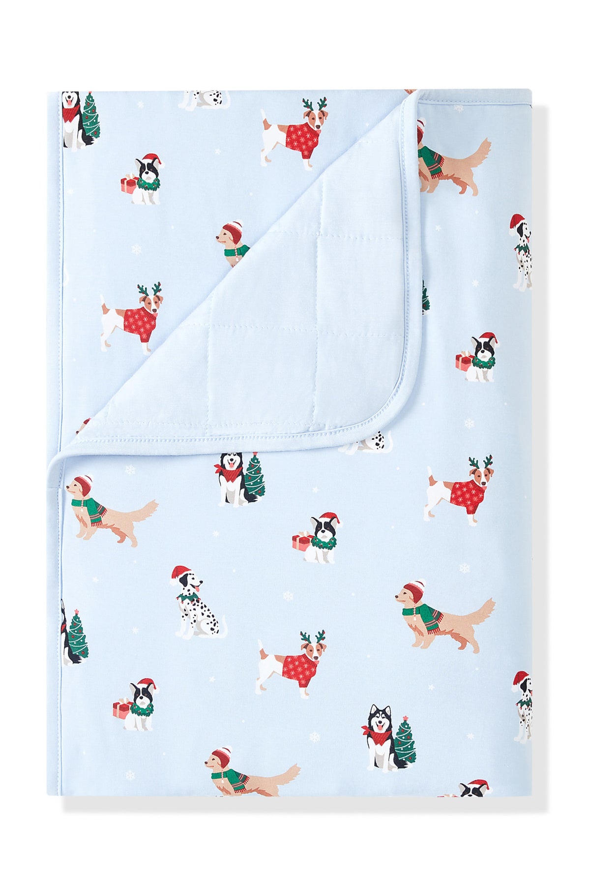 Blue Toddler Blanket with Holiday Pups 1.0 print on a white background