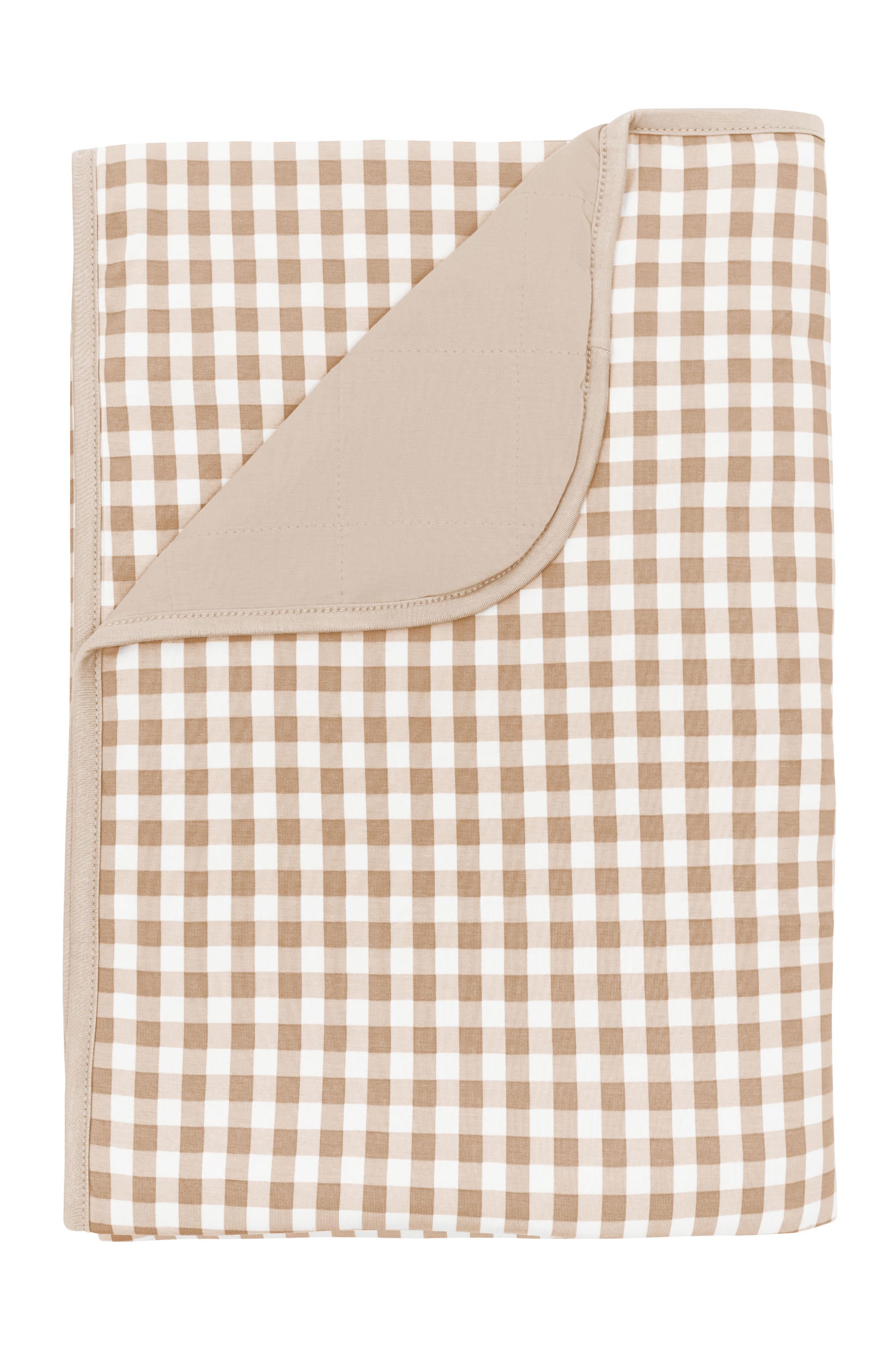 Toddler Blanket in Gingham Bisque 1.0 with corner flipped down showing the Bisque colored backing