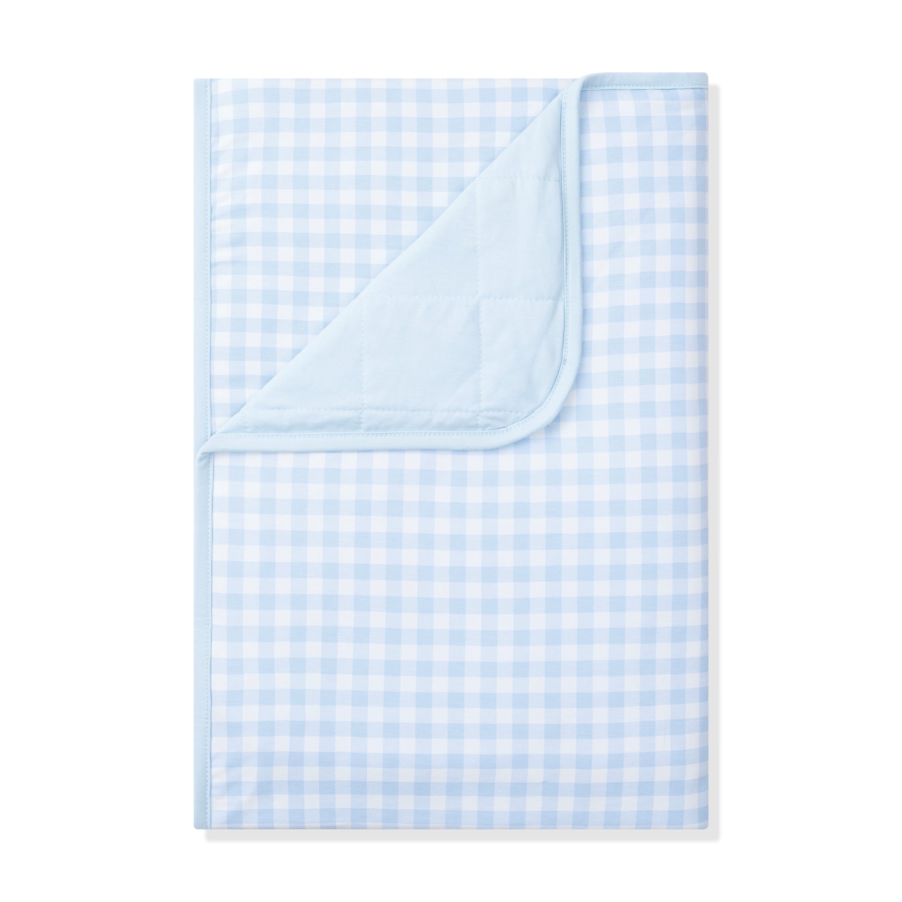 Toddler Blanket in Gingham Breeze 1.0 with the corner flipped down showing the light blue backing