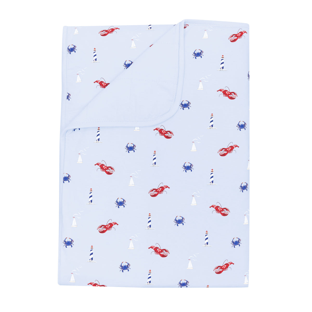 Product photo of the Toddler Blanket in Harbor 1.0 with corner folded down showing the Mist colored backing