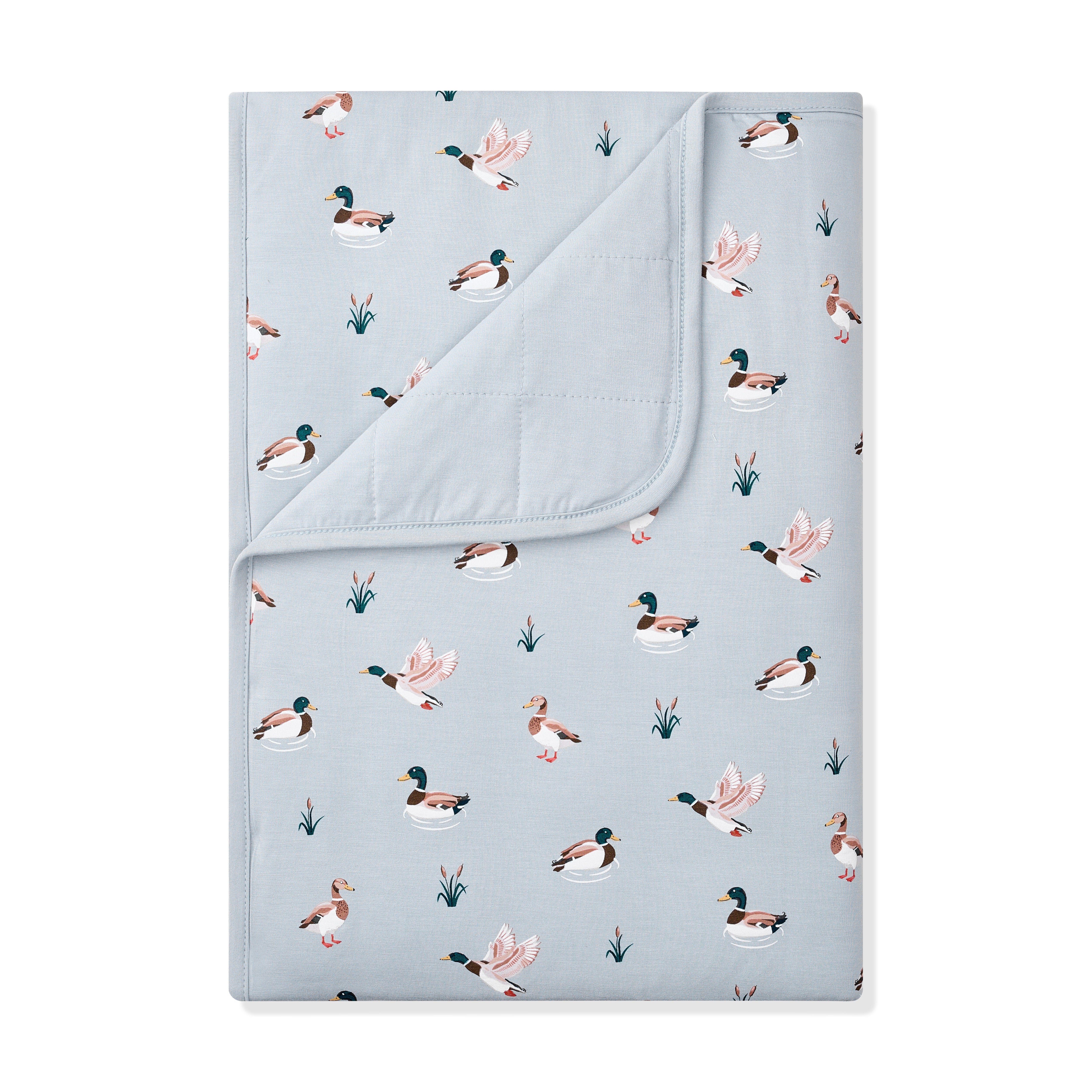 Toddler Blanket in Mallard Duck 1.0 with the corner flipped down showing the light blue backing
