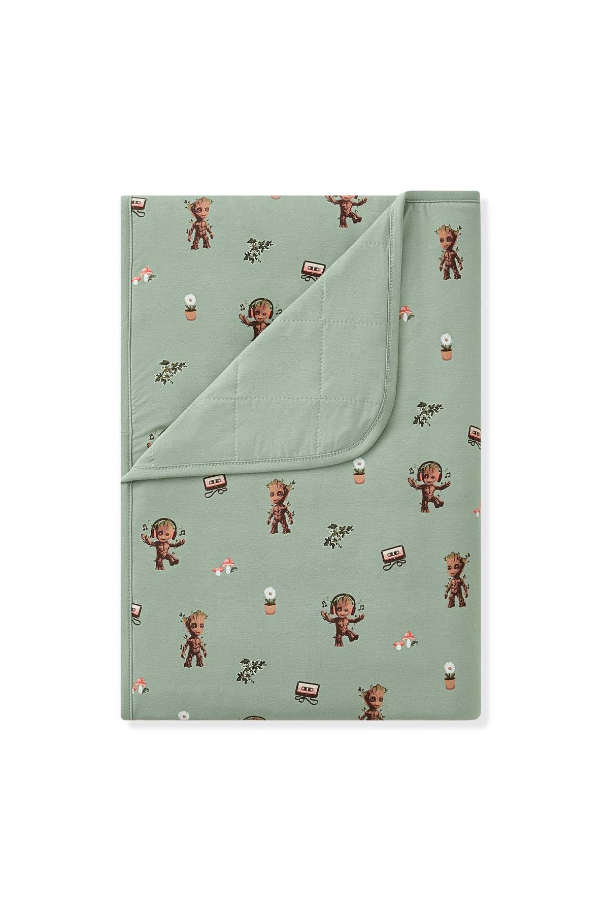 Green Toddler Blanket with Groot print on white background