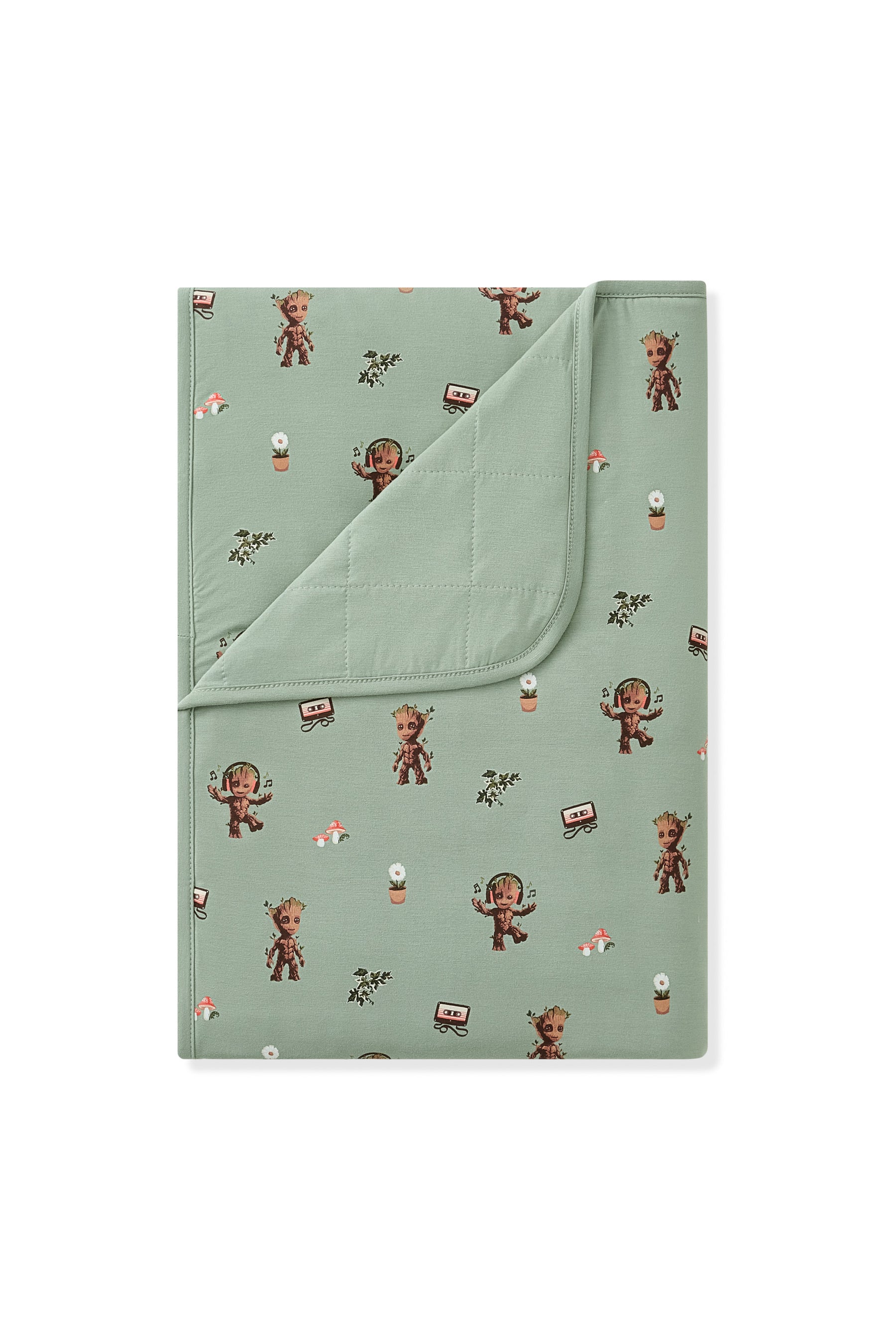 Green Toddler Blanket with Groot print on white background