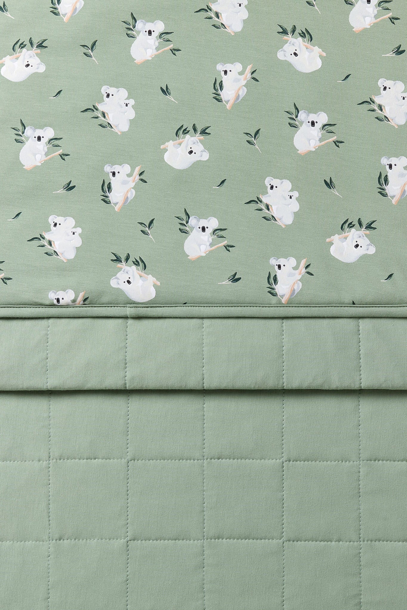 Close up of the Youth Blanket in Koala 2.5 showing the green quilted backing and smooth printed top layer