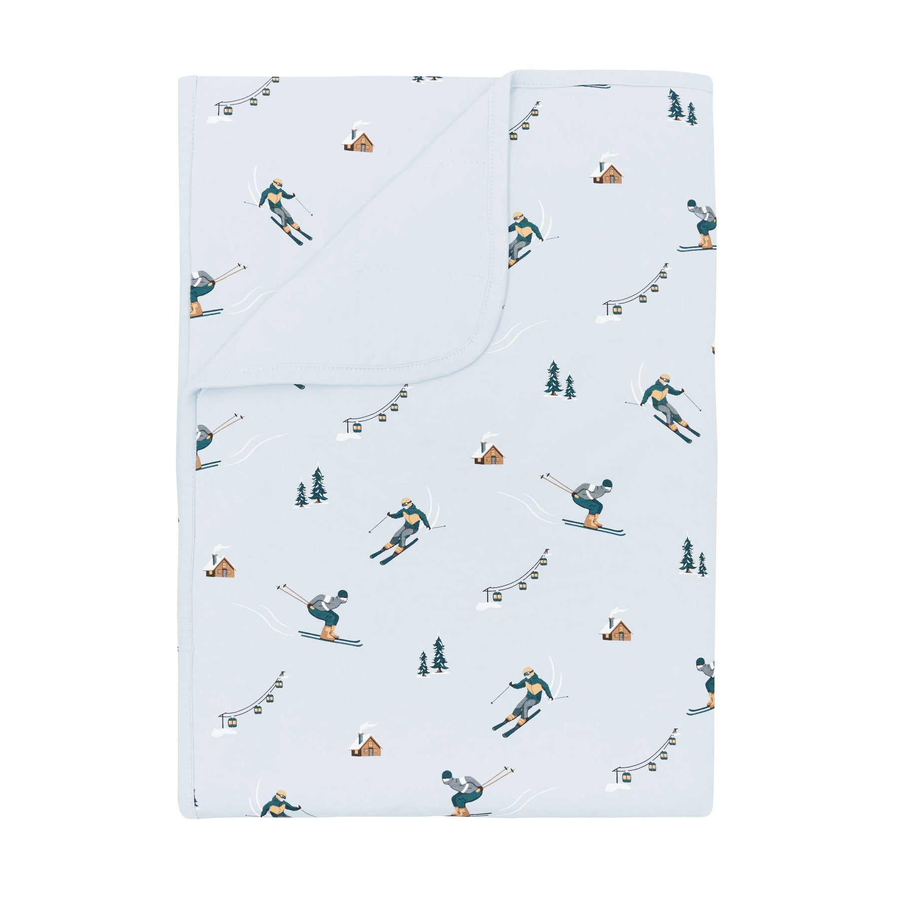 Toddler Blanket in Ski 1.0 with the corner flipped down showing the light blue backing