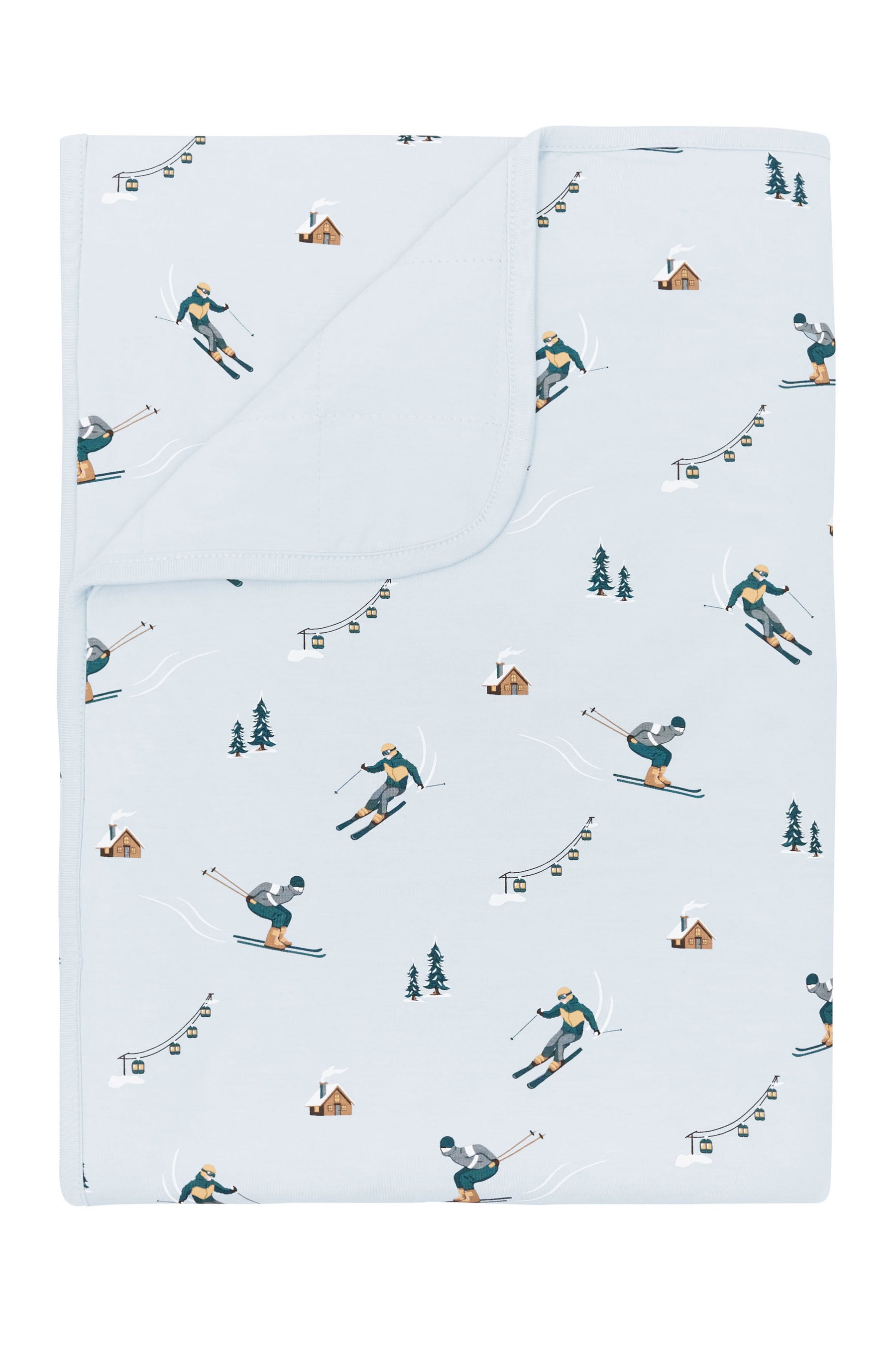 Toddler Blanket in Ski 1.0 with the corner flipped down showing the light blue backing