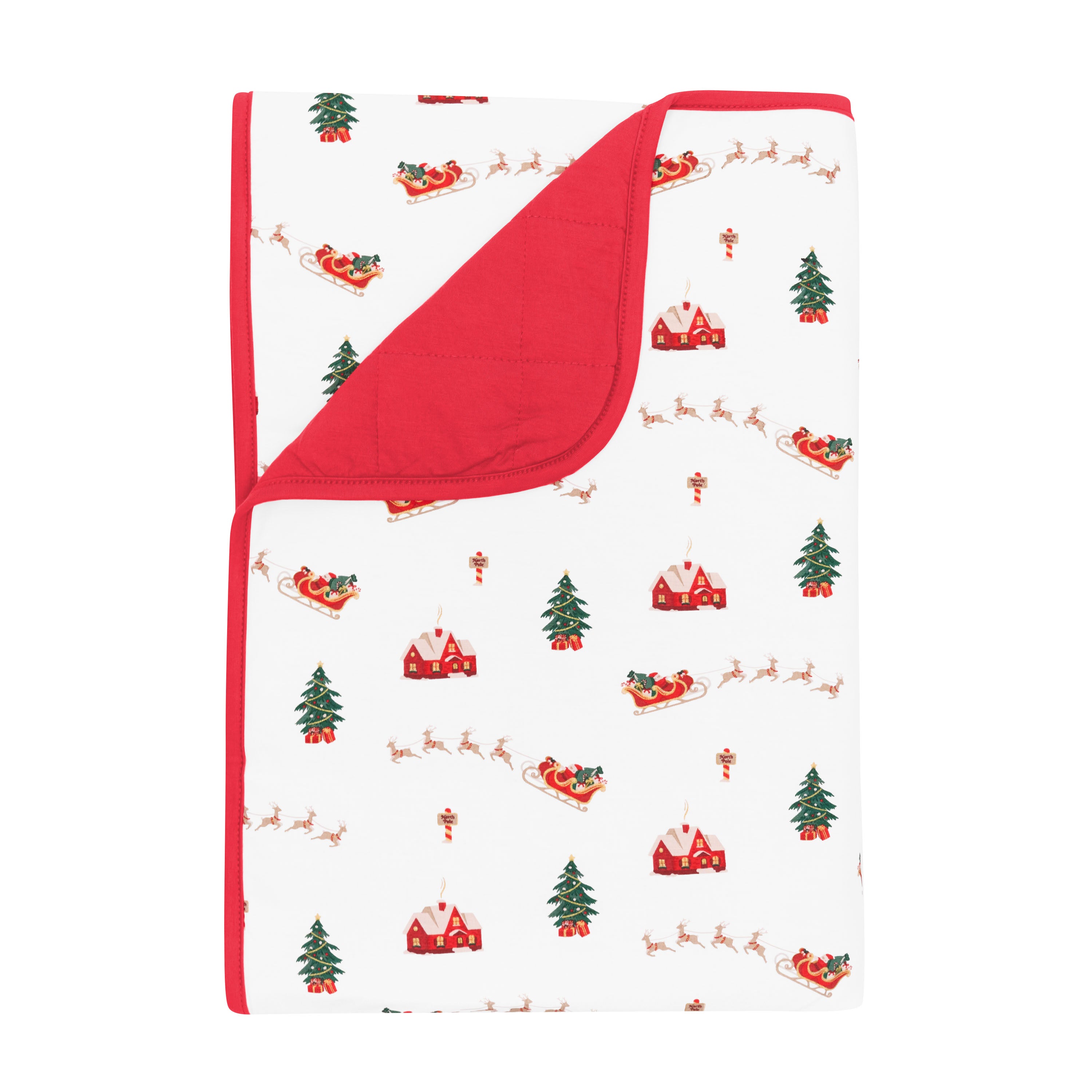 Toddler Blanket in Santa Sleigh 1.0 with the corner folded down showing the red backing