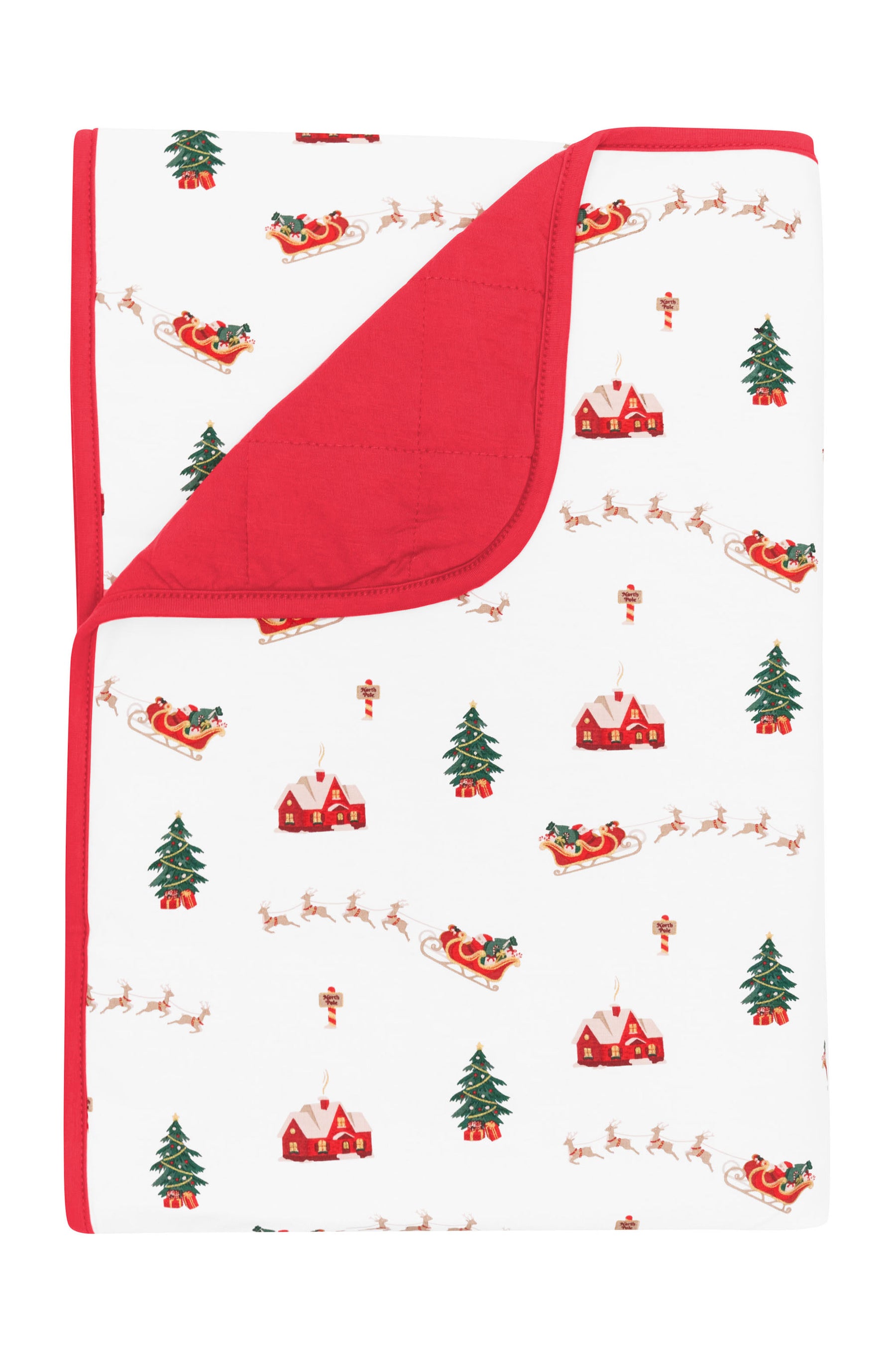 Toddler Blanket in Santa Sleigh 1.0 with the corner folded down showing the red backing