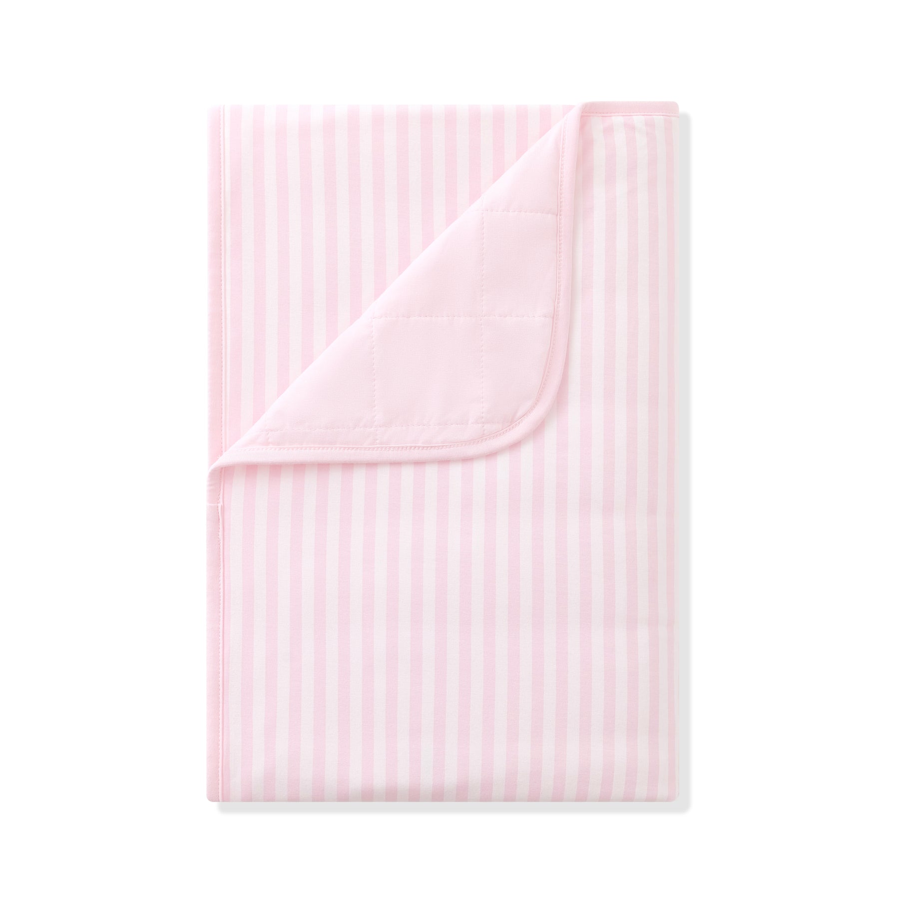 Product photo of the Toddler Blanket in Small Sakura Stripe 1.0 with the corner flipped down showing the light pink backing