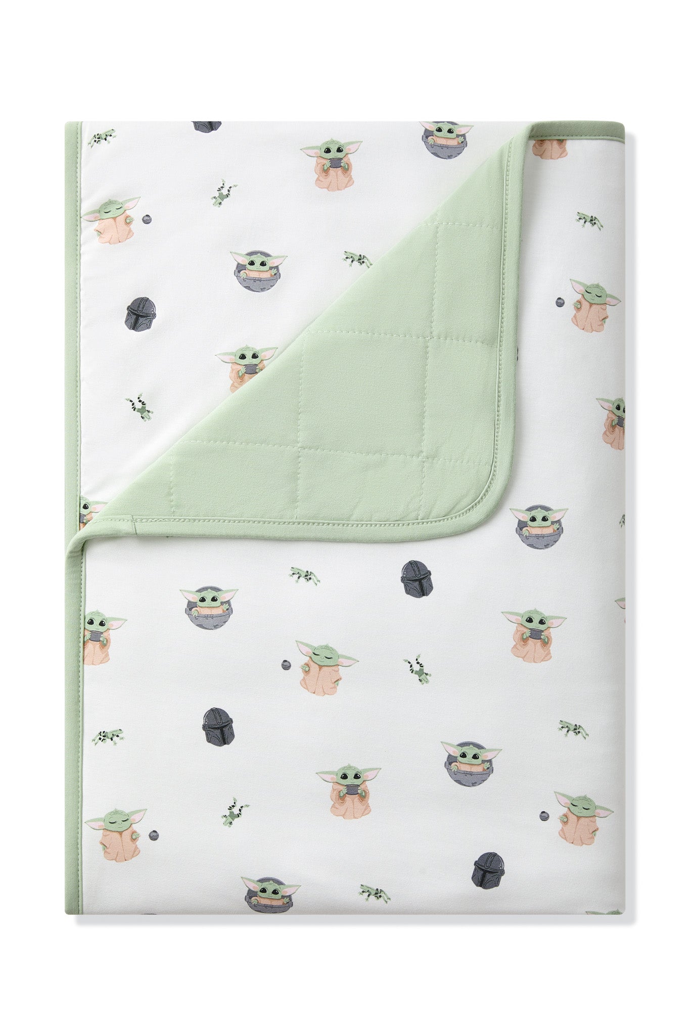 Toddler Blanket in Grogu™ 1.0 with the corner folded down showing the quilted light green backing