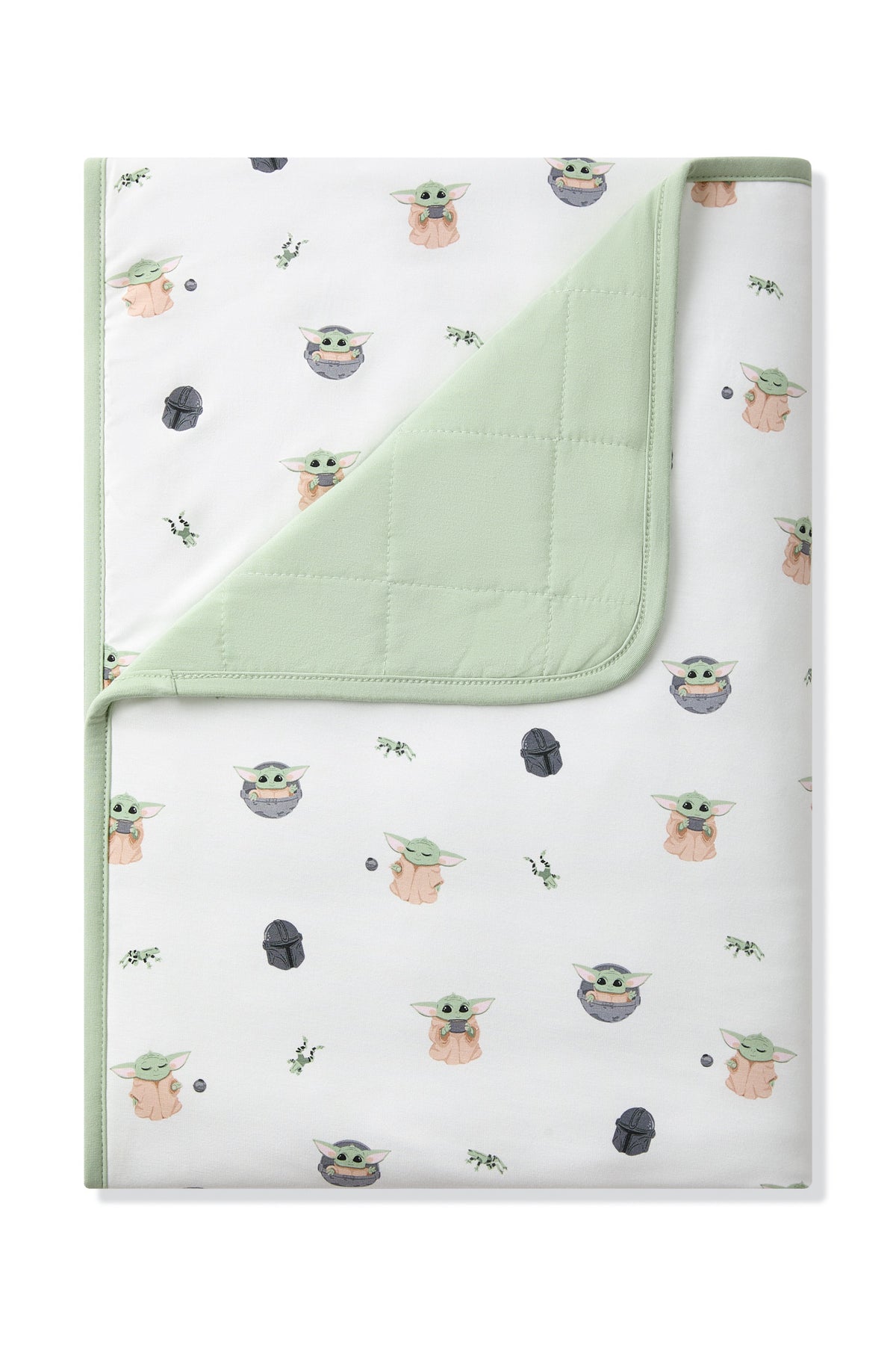 Toddler Blanket in Grogu™ 1.0 with the corner folded down showing the quilted light green backing