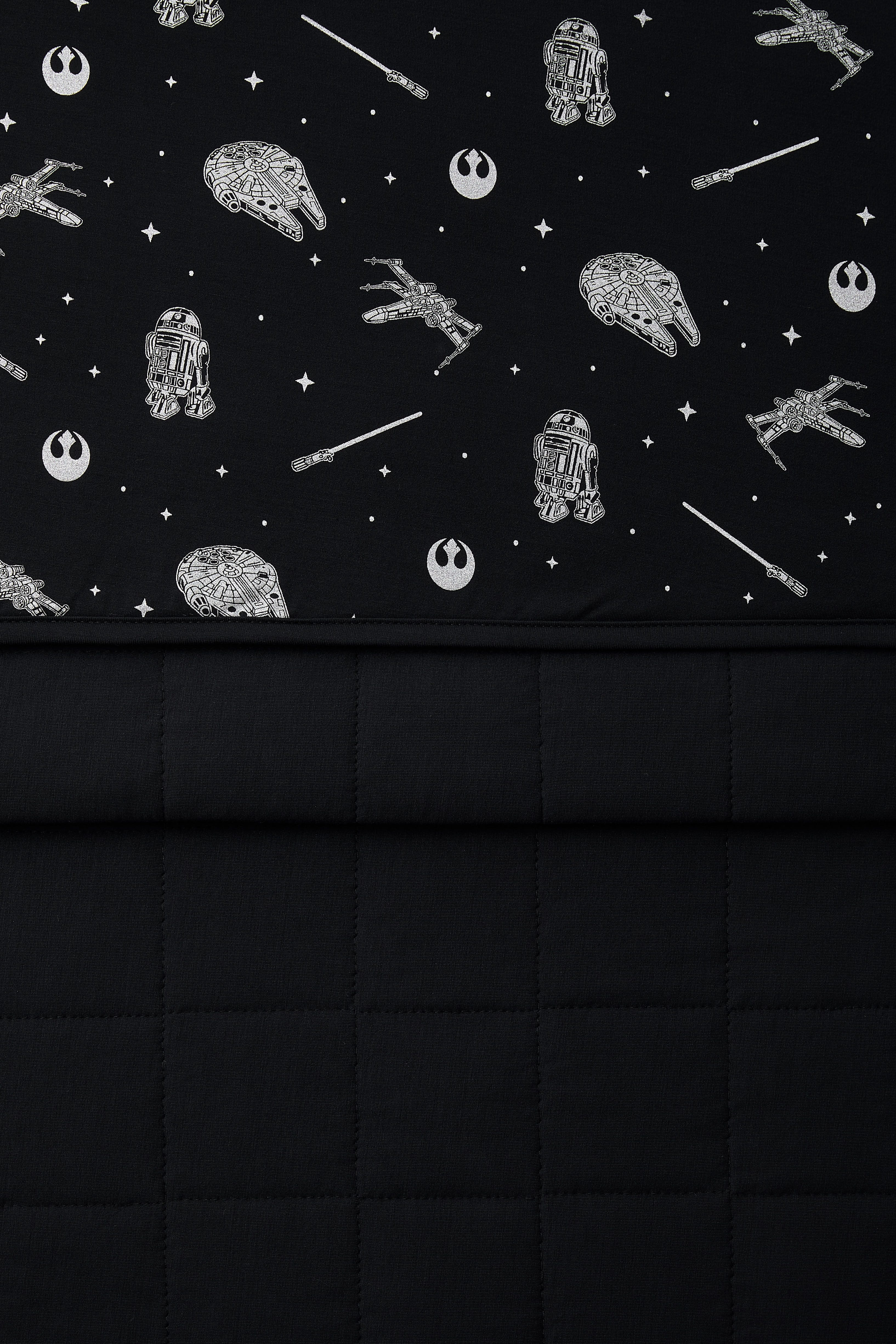 Close up of the Toddler Blanket in STAR WARS™ 1.0 showing the black quilted backing and smooth top printed layer