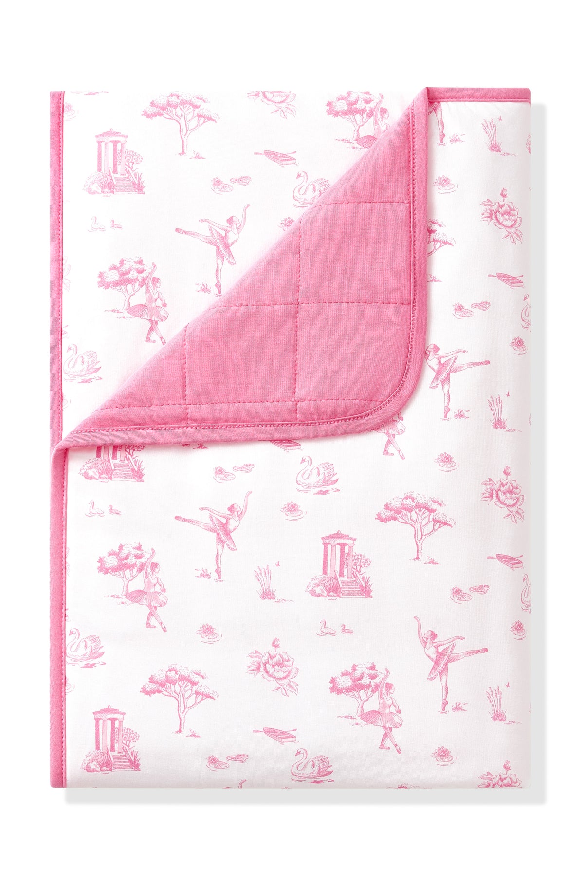 Toddler Blanket in Toile Ballet 1.0 with the corner folded down showing the dark pink backing
