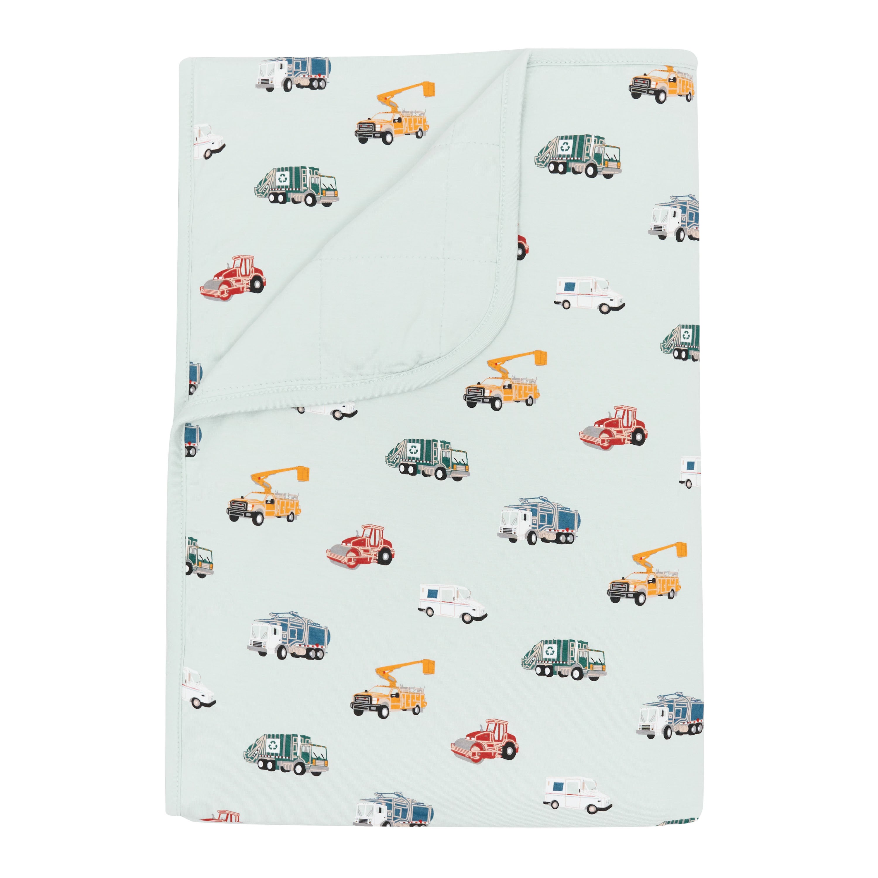 Toddler Blanket in City Vehicles 1.0 with the corner flipped down showing the Dew colored backing
