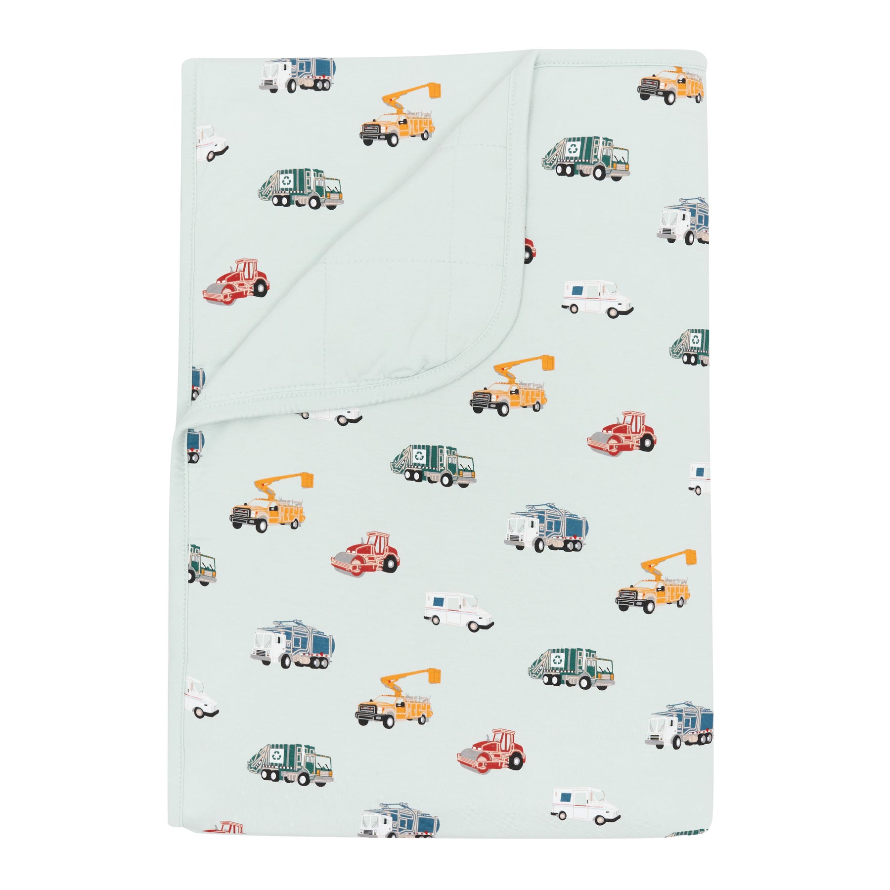 Toddler Blanket in City Vehicles 1.0 with the corner flipped down showing the Dew colored backing