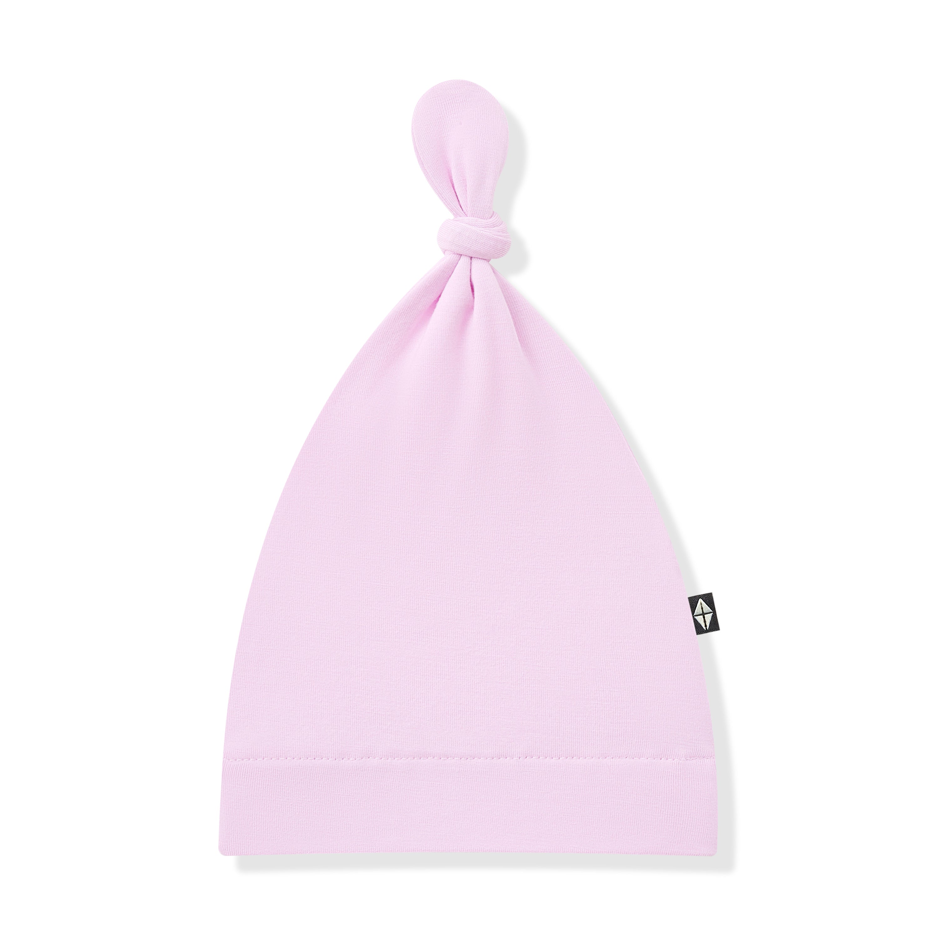Purple baby hat with a brand logo on a white background