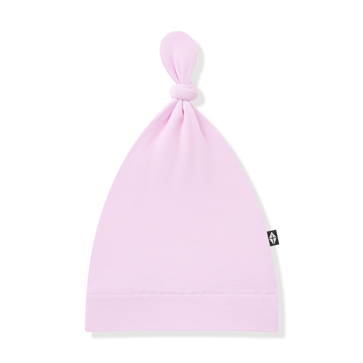 Purple baby hat with a brand logo on a white background