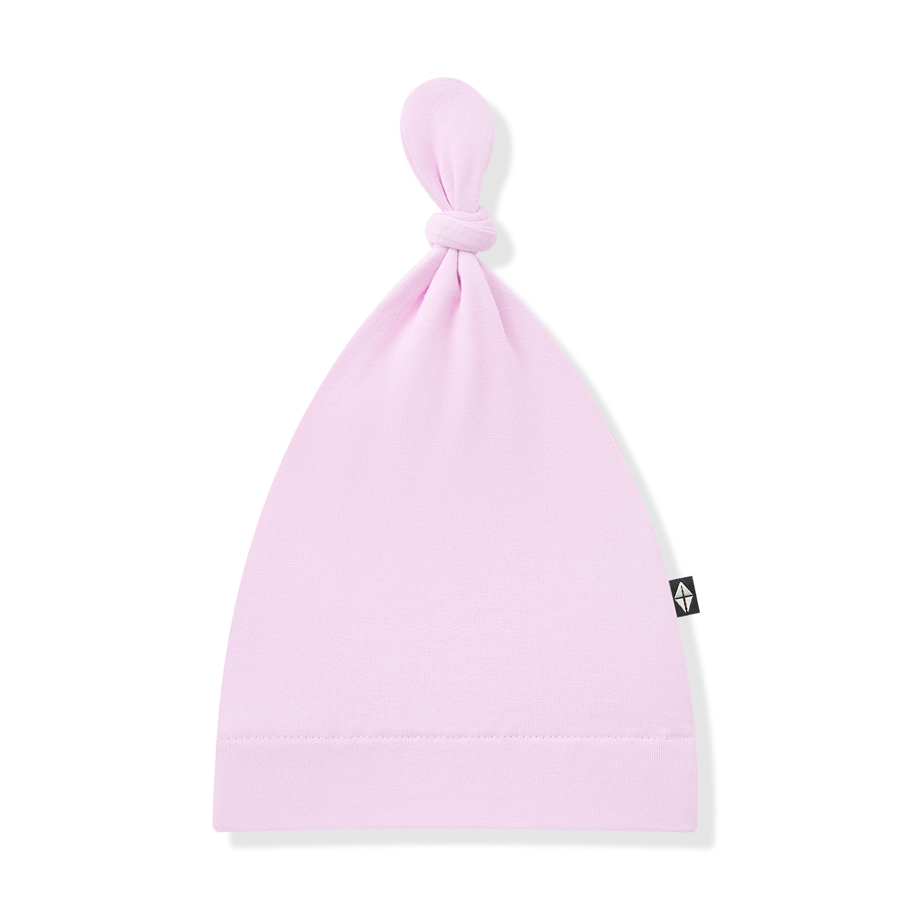 Purple baby hat with a brand logo on a white background