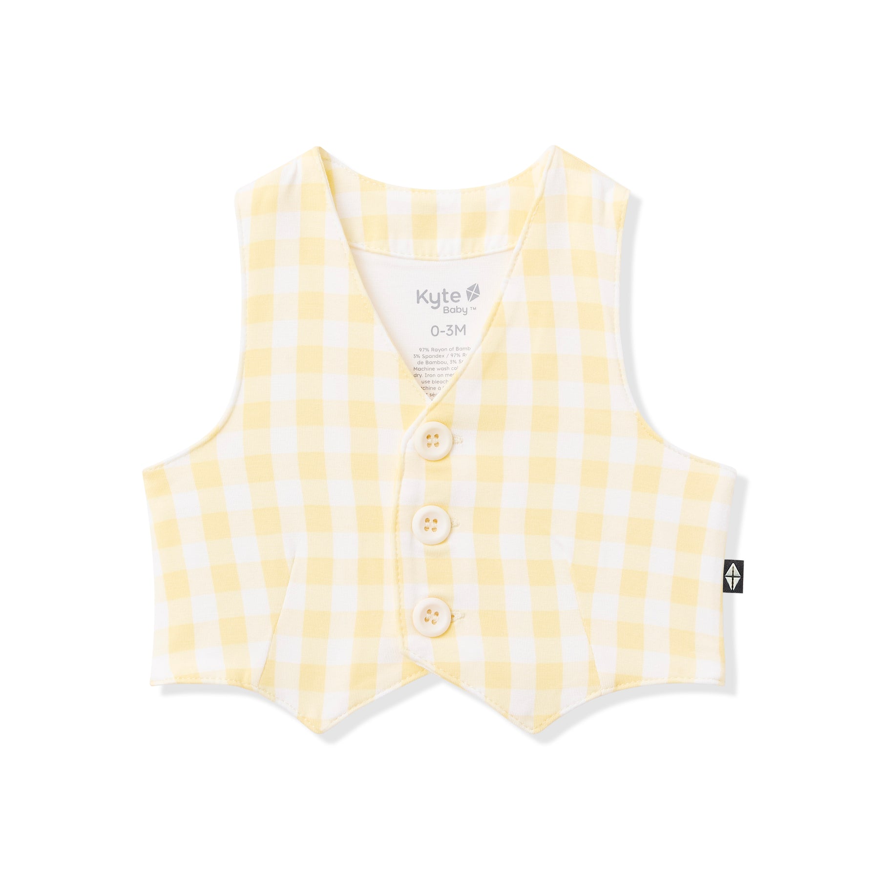 The front of the Tuxedo Vest in Gingham Chamomile showing the button closures