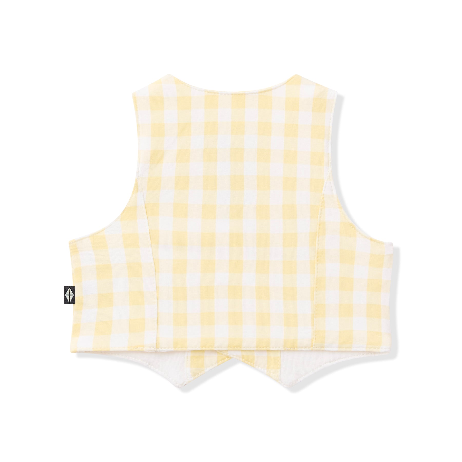 The back of the Tuxedo Vest in Gingham Chamomile