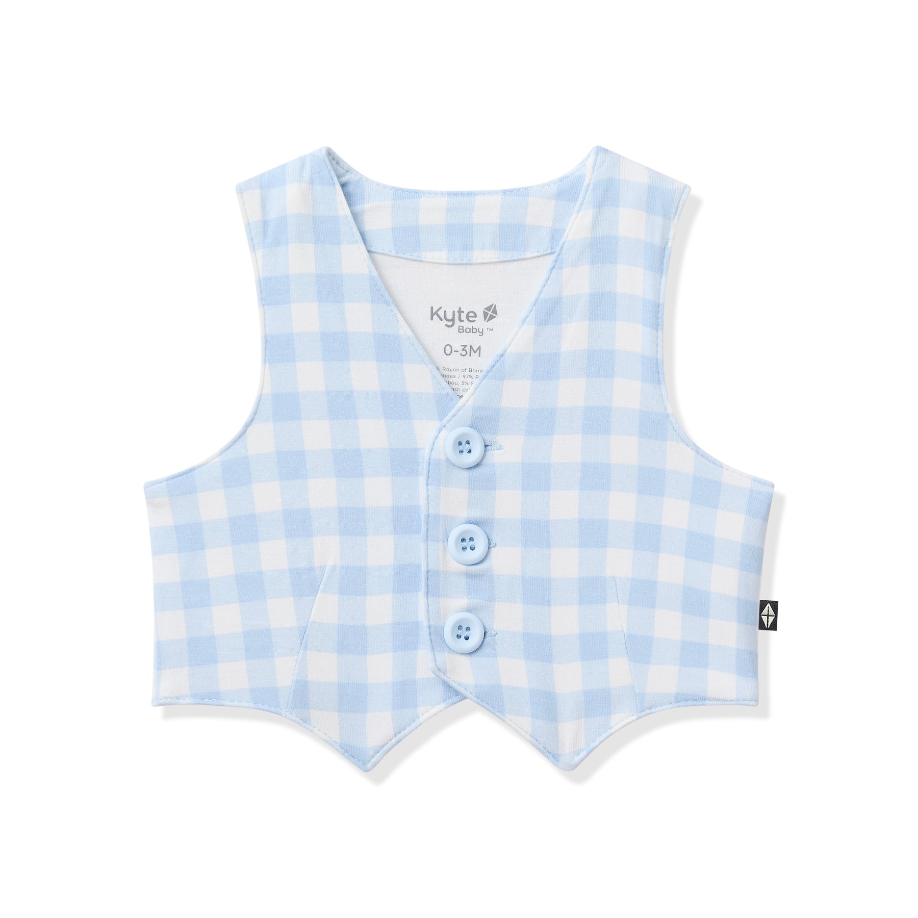 Front of the Tuxedo Vest in Gingham Breeze showing the button closures
