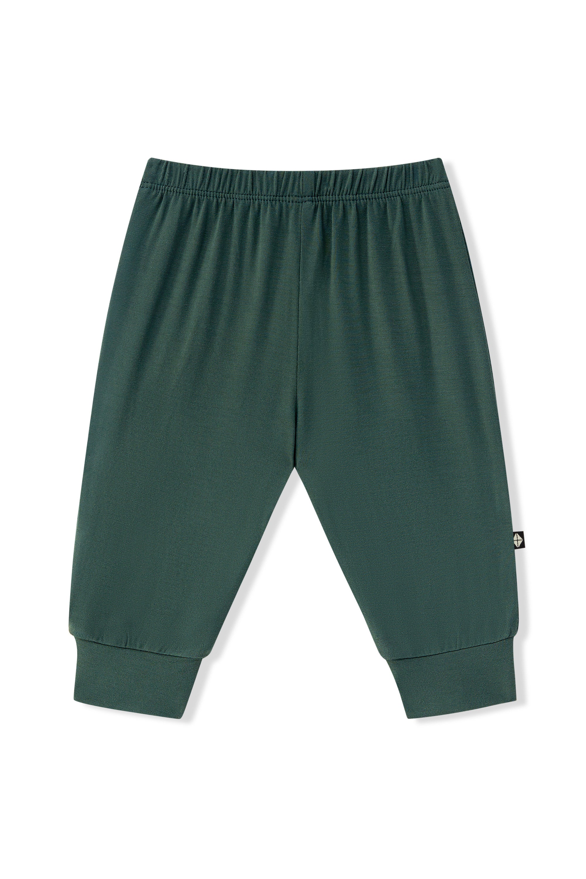 Dark green jogger pants for baby and toddlers, featuring an elastic waistband and ribbed ankle cuffs, shown flat on a white background.