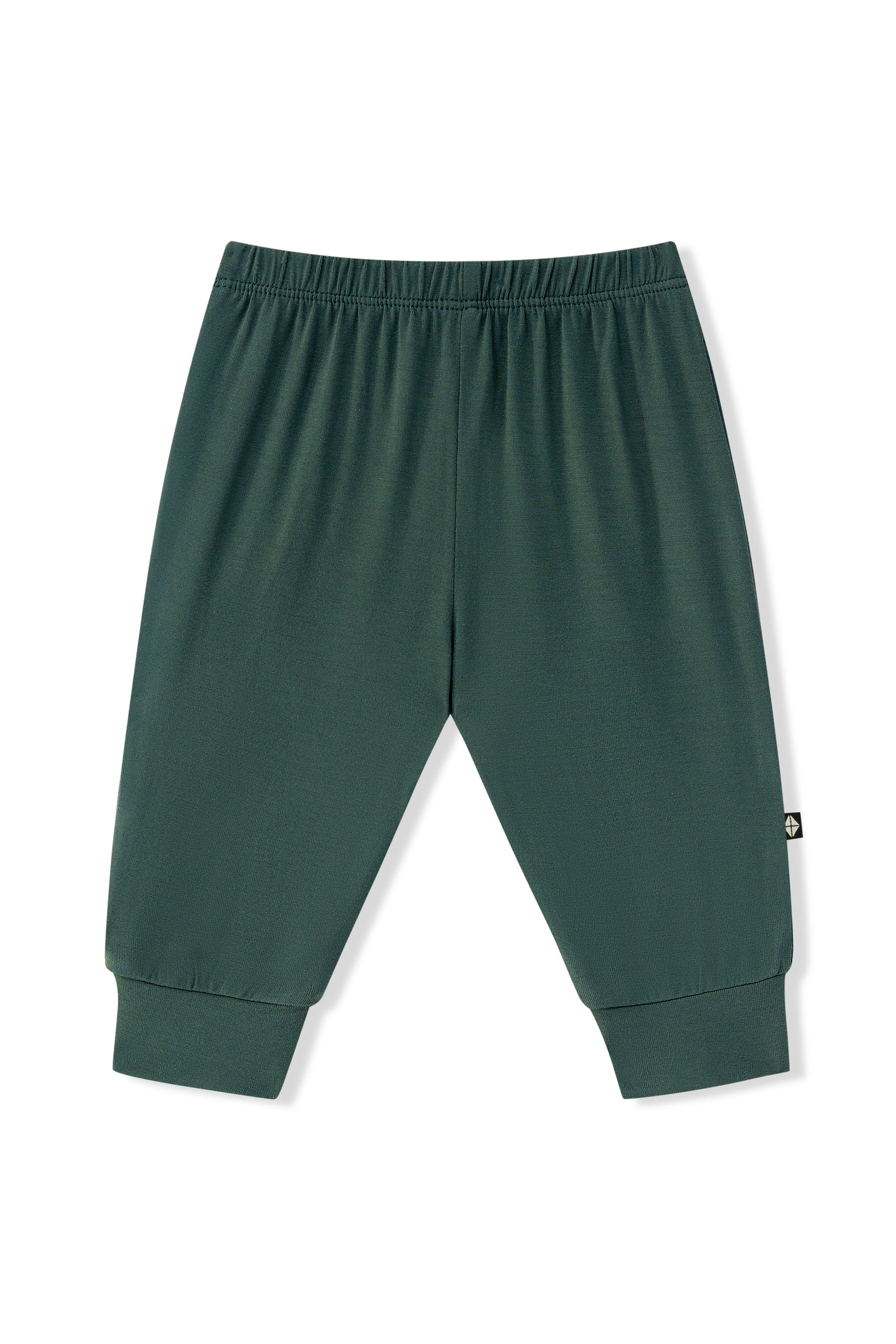 Dark green jogger pants for baby and toddlers, featuring an elastic waistband and ribbed ankle cuffs, shown flat on a white background.