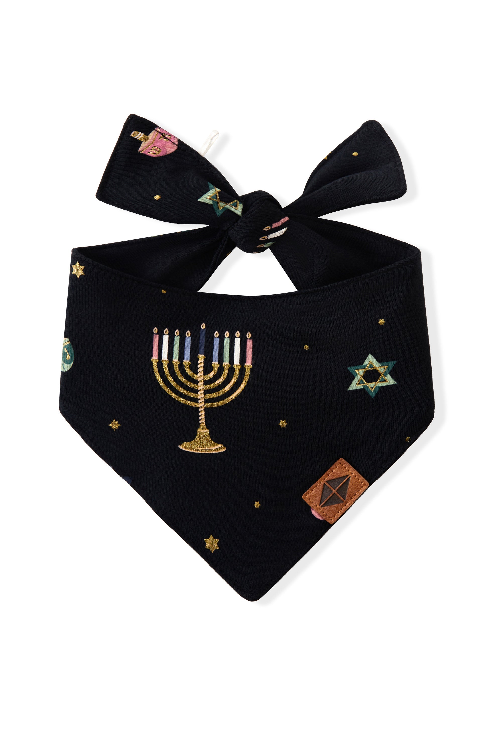 Black Dog Bandana in Hanukkah Nights print on a white background