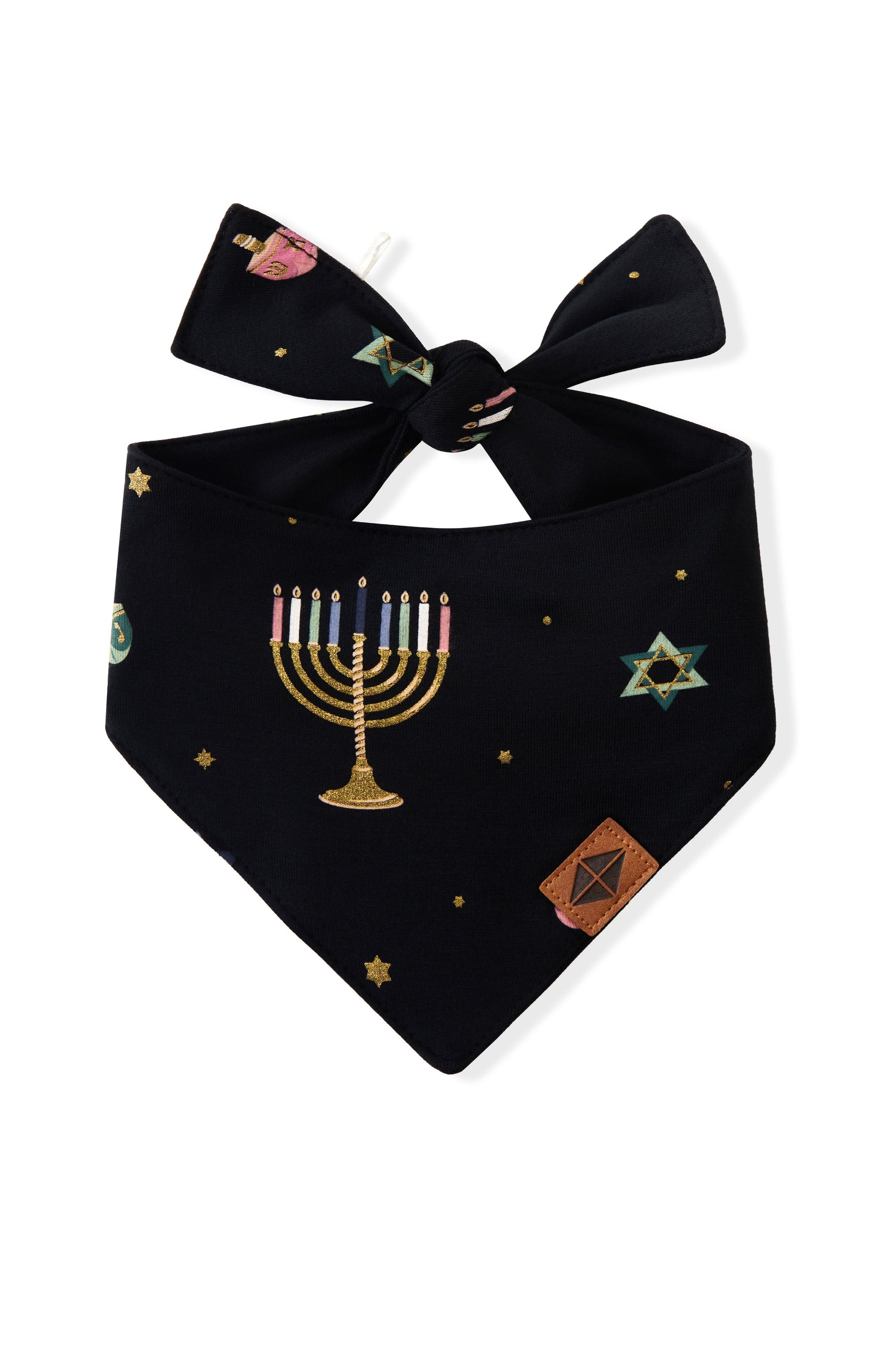 Black Dog Bandana in Hanukkah Nights print on a white background