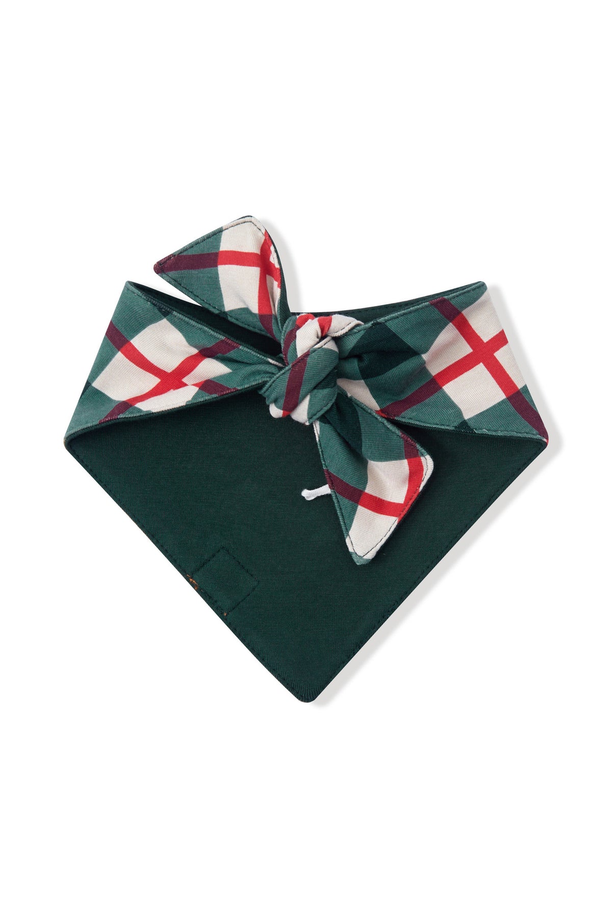 A dark green pet bandana featuring a plaid patterned tie in green, white, and red, displayed on a clean white background.