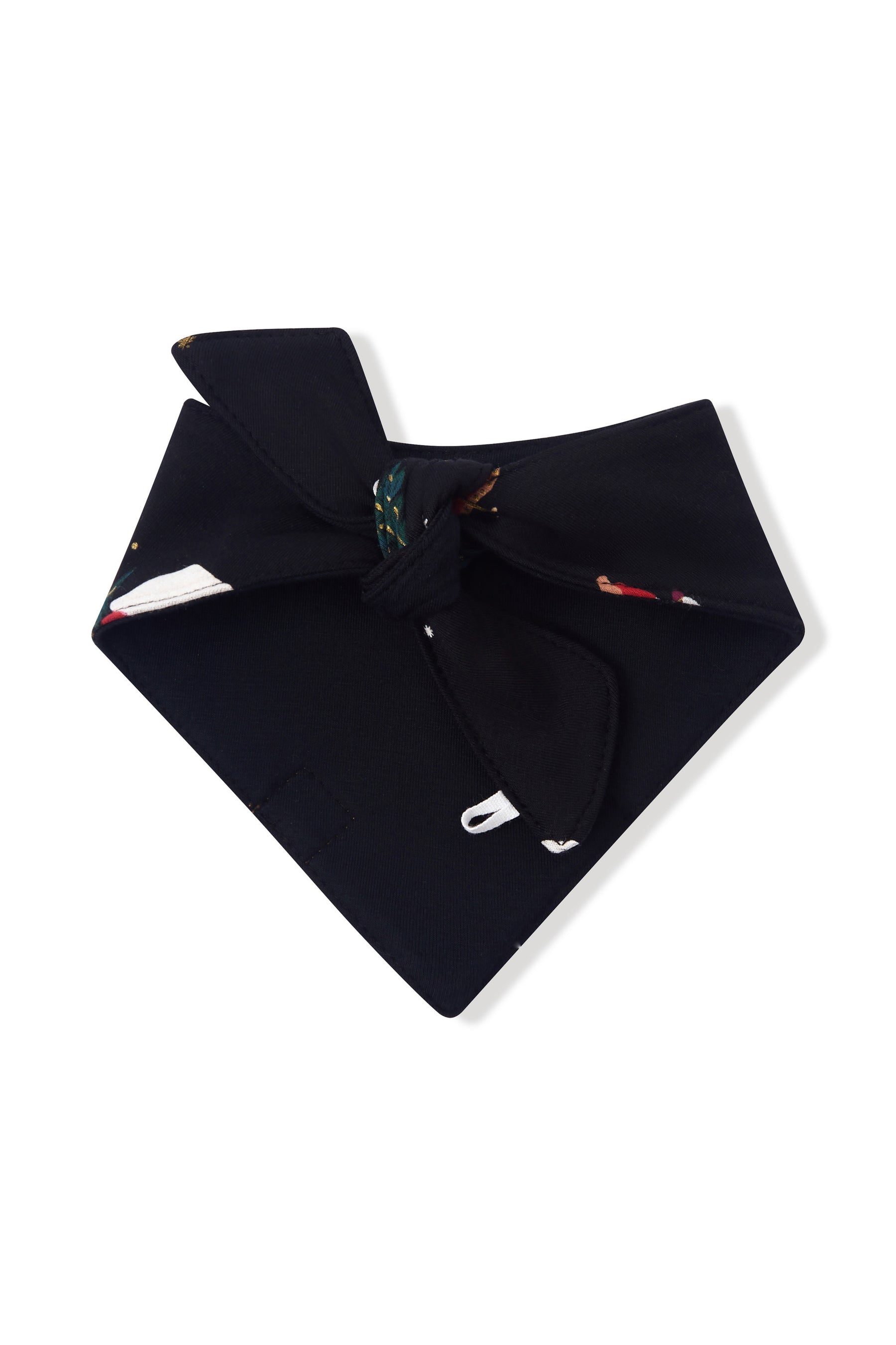 A folded black bandana with a small colorful patterned detail near the top center, displayed on a clean white background.