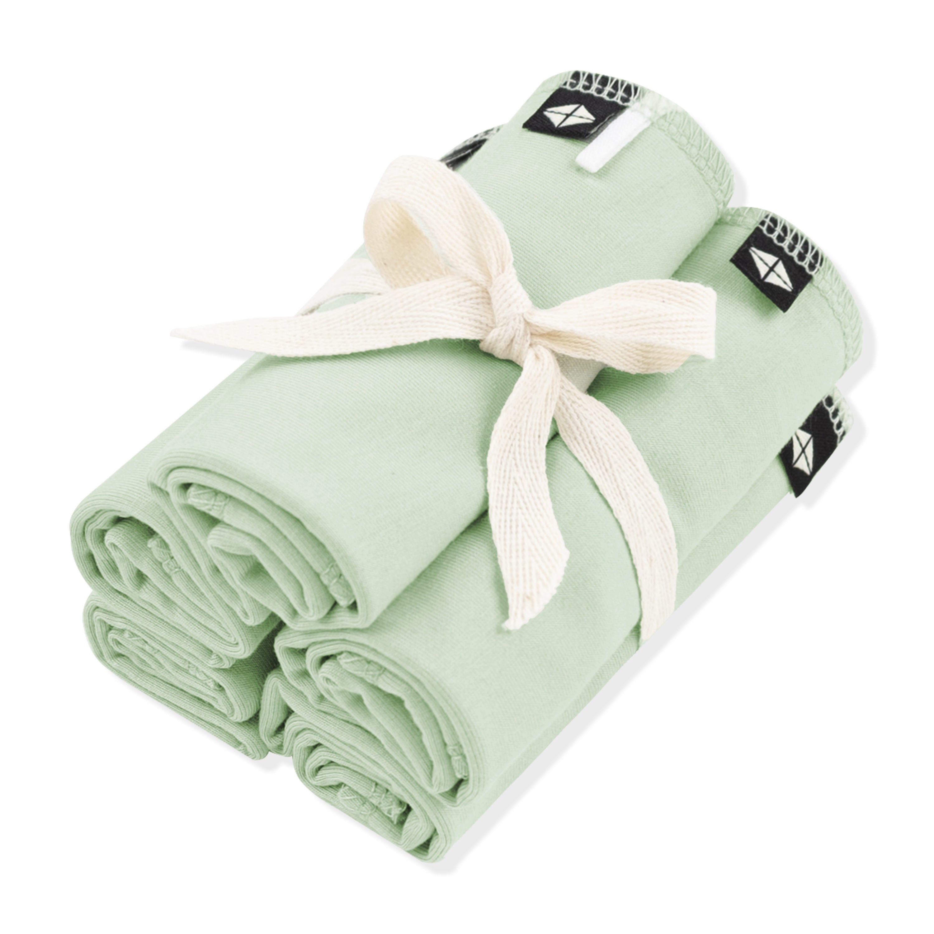 Washcloth 5-Pack in Basil shown in its packaging tied with a linen bow