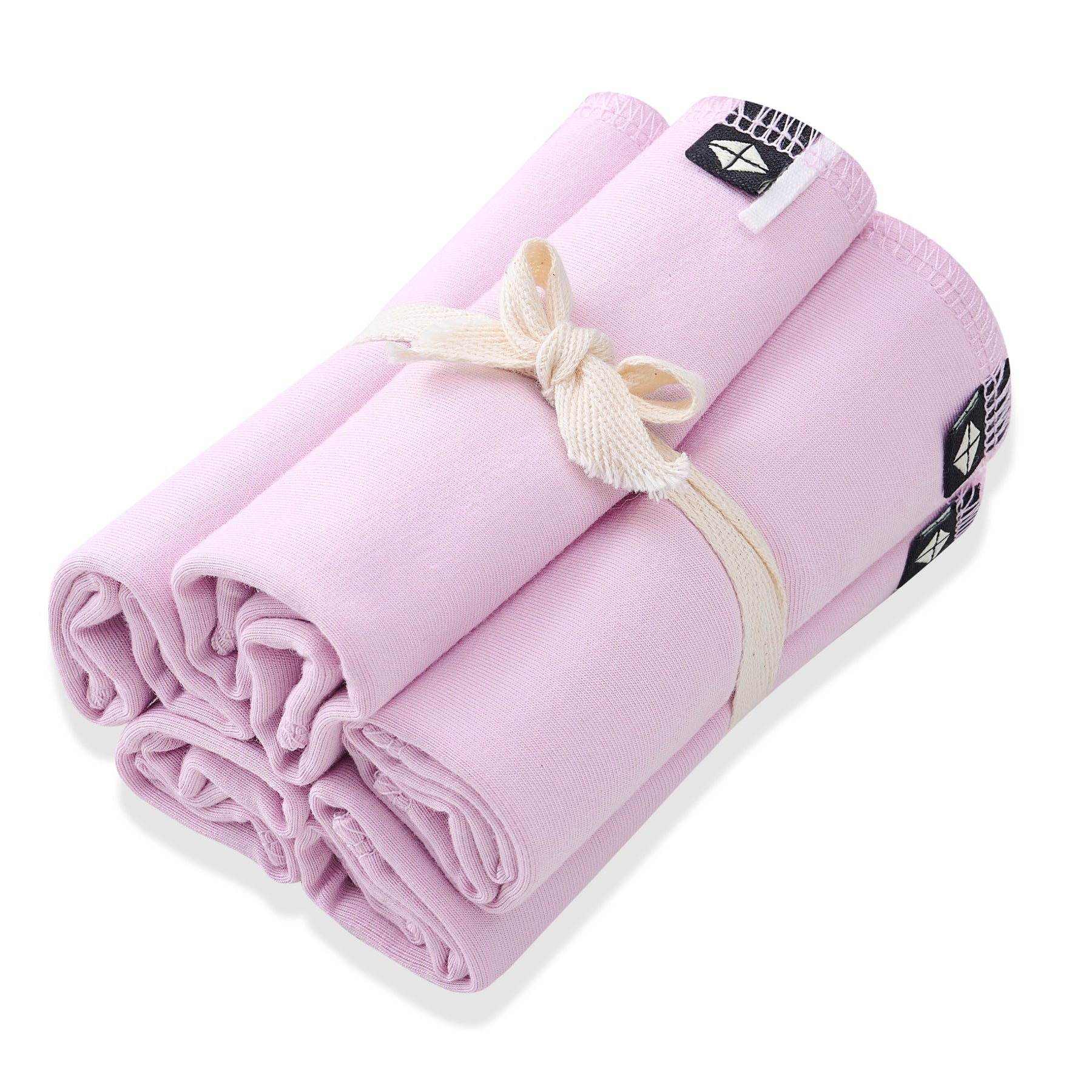 Bundle of Washcloth 5-Pack in Thistle shown in its packaging tied with a linen bow