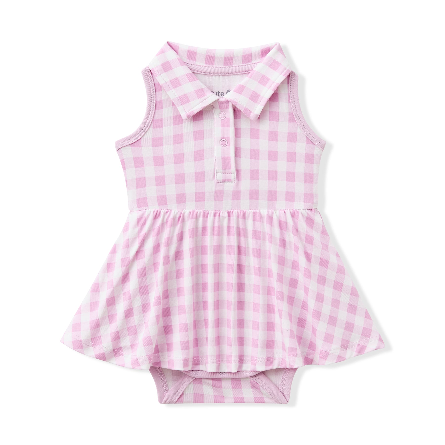 Product photo of the Polo Bodysuit Dress in Gingham Thistle shown on a white surface