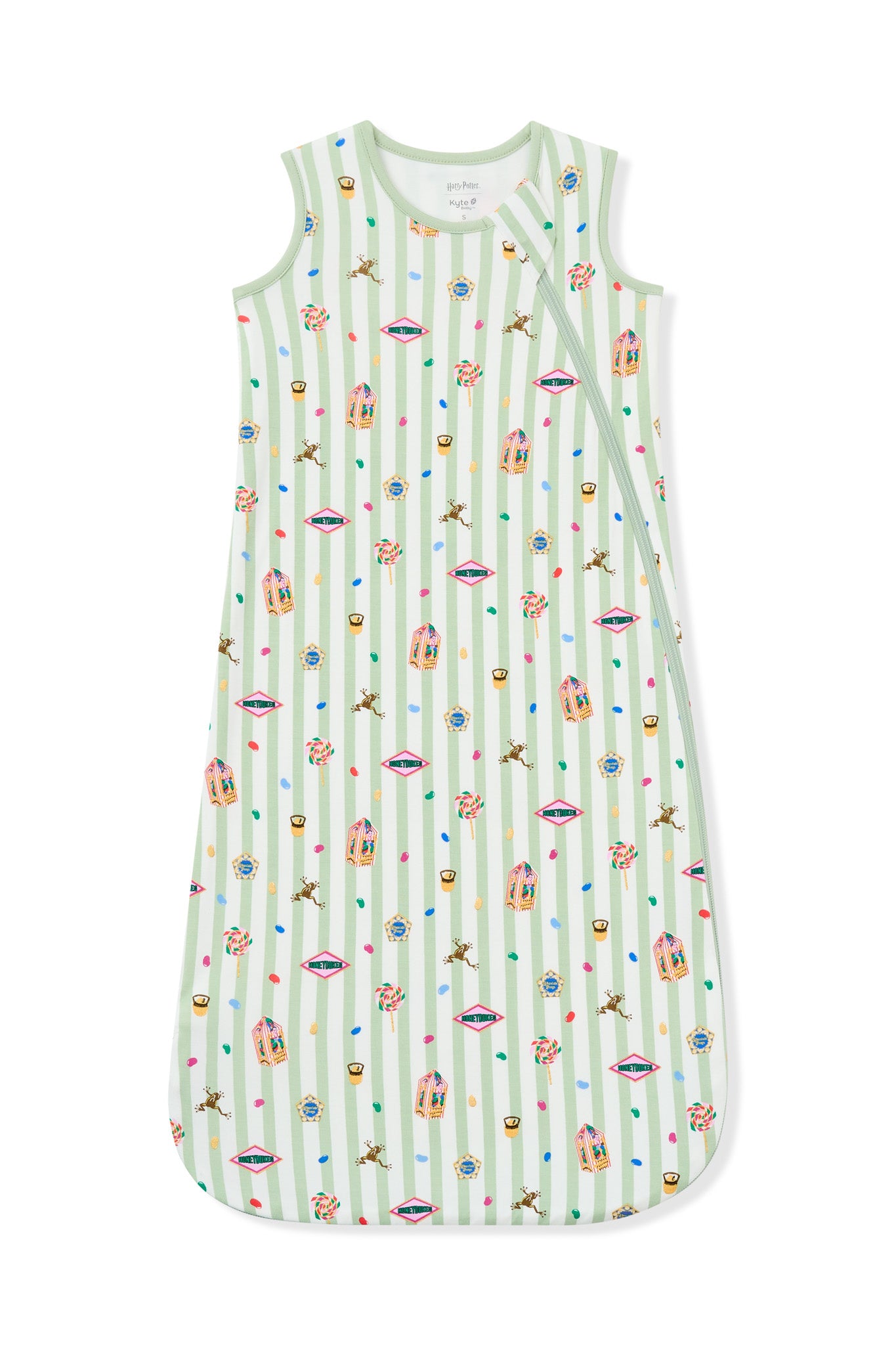 Sleep bag with green and white striped fabric with colorful Harry Potter patterns on a white background