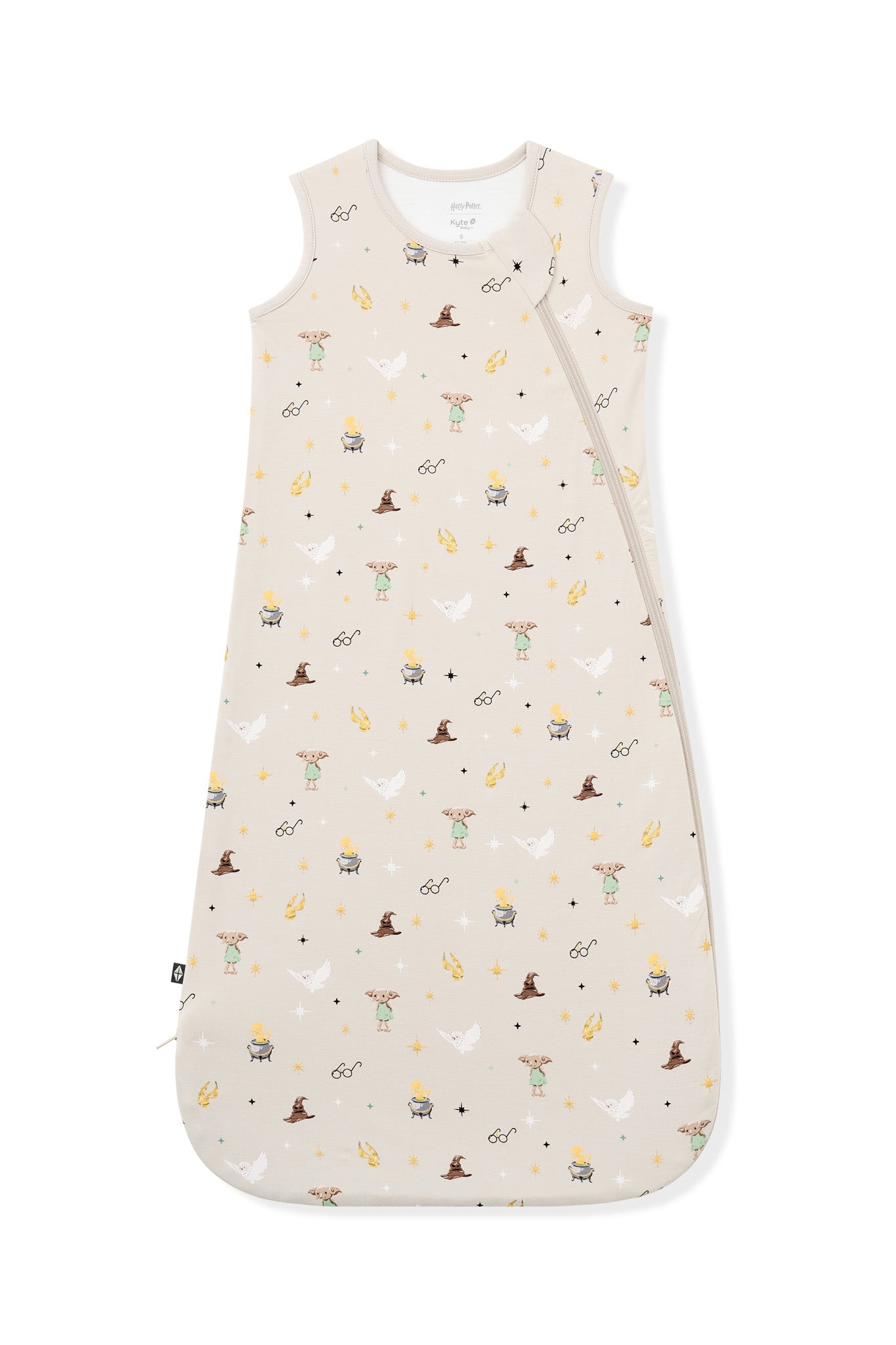 Cream sleep bag with Harry Potter prints on a white background.
