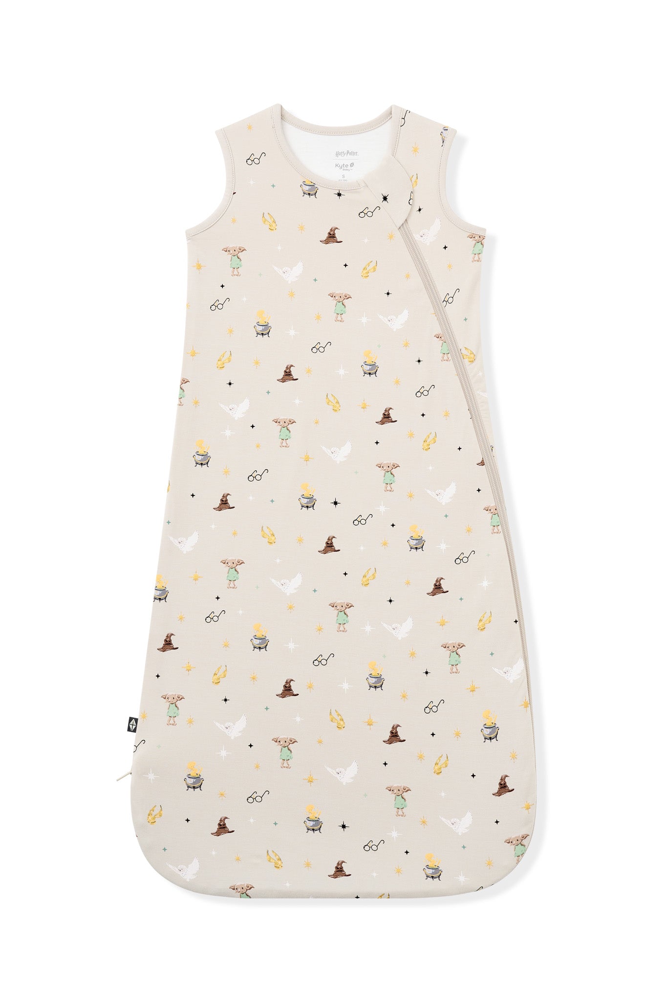 Cream sleep bag with Harry Potter prints on a white background.