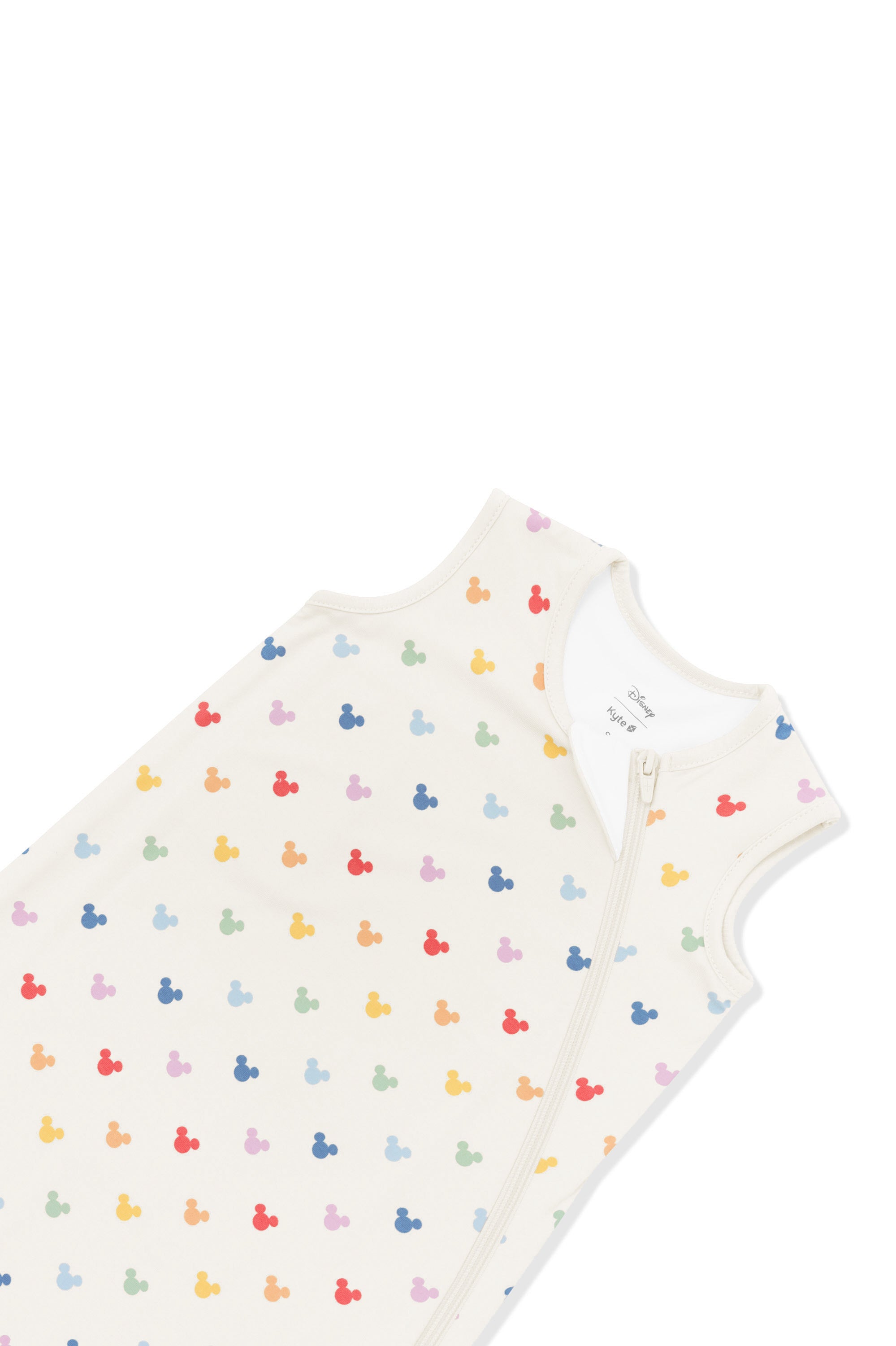 Zipper of Sleep Bag in Pastel Mickey Mouse pattern on an oat background
