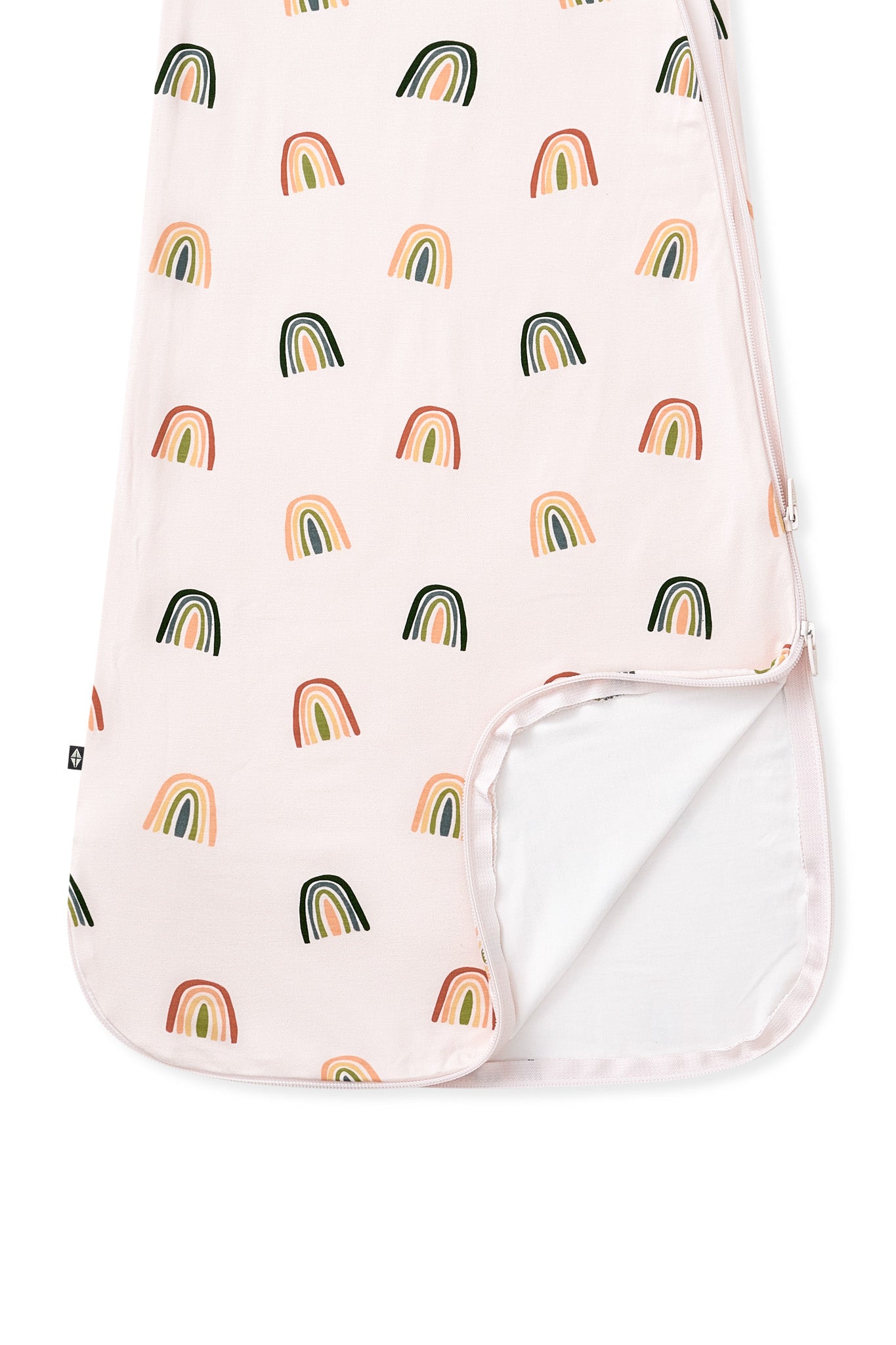 Vanilla cream Sleep Bag in Retro Rainbow print with dual zipper on a white background