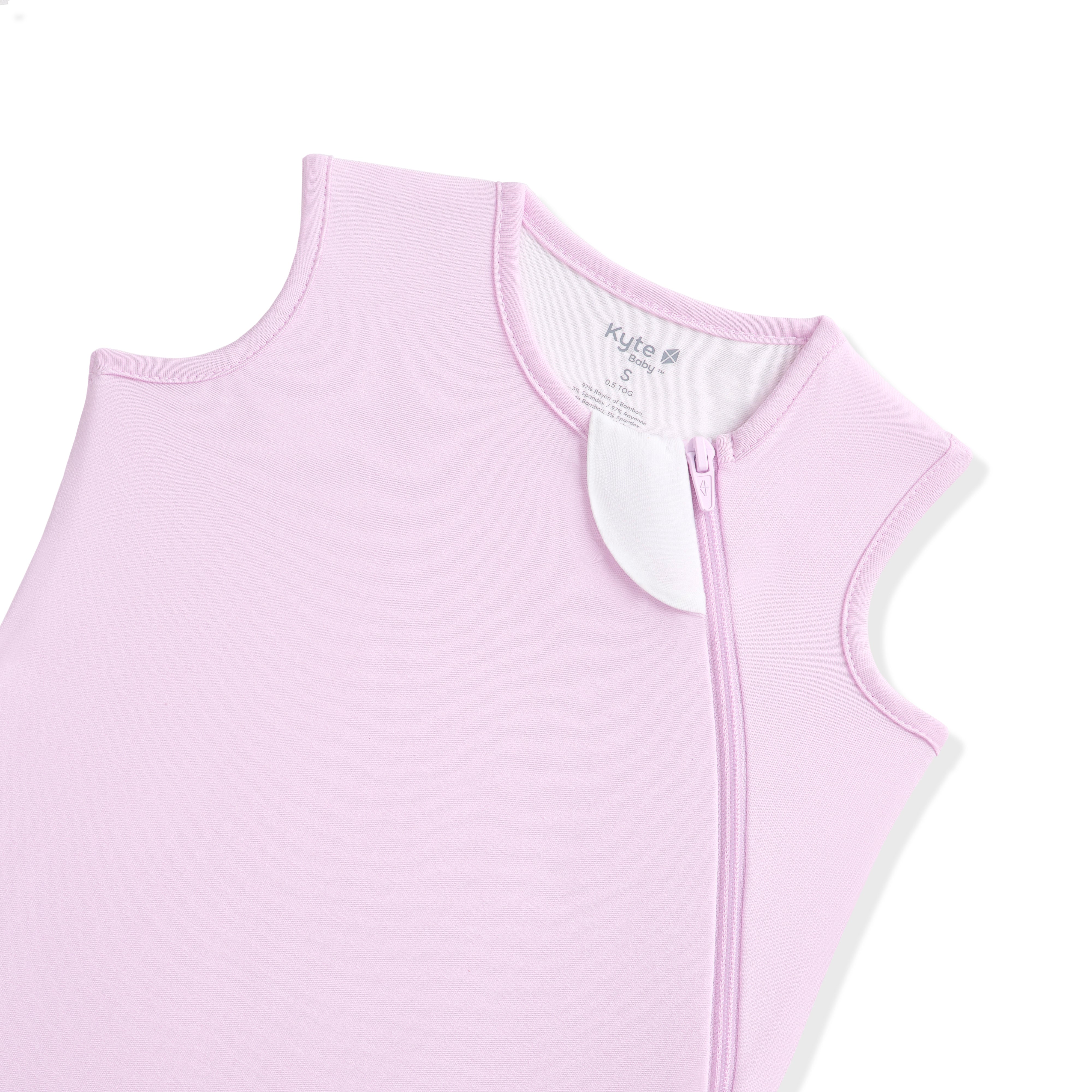 Light purple sleeveless baby sleep bag with a zipper on a white background
