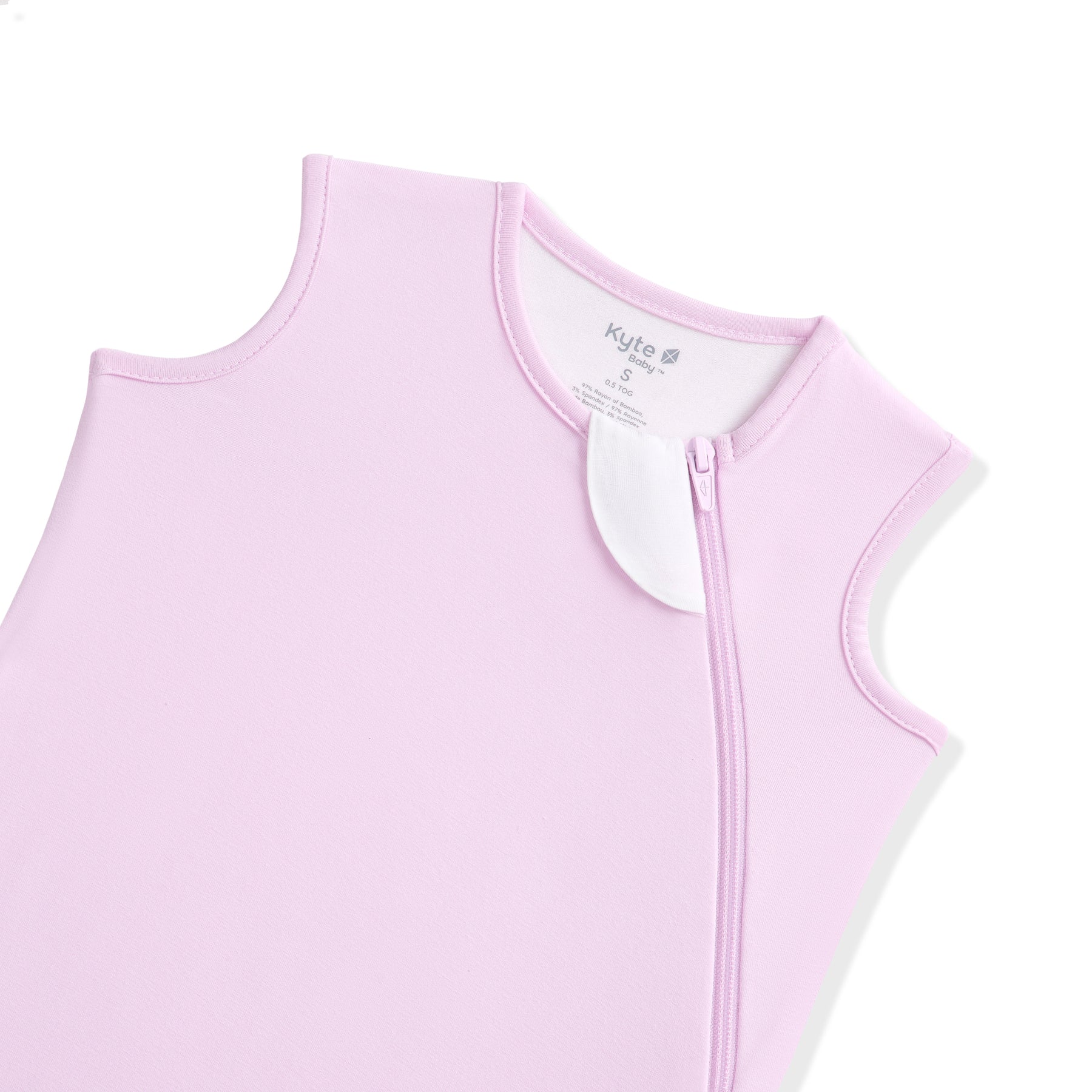 Light purple sleeveless baby sleep bag with a zipper on a white background