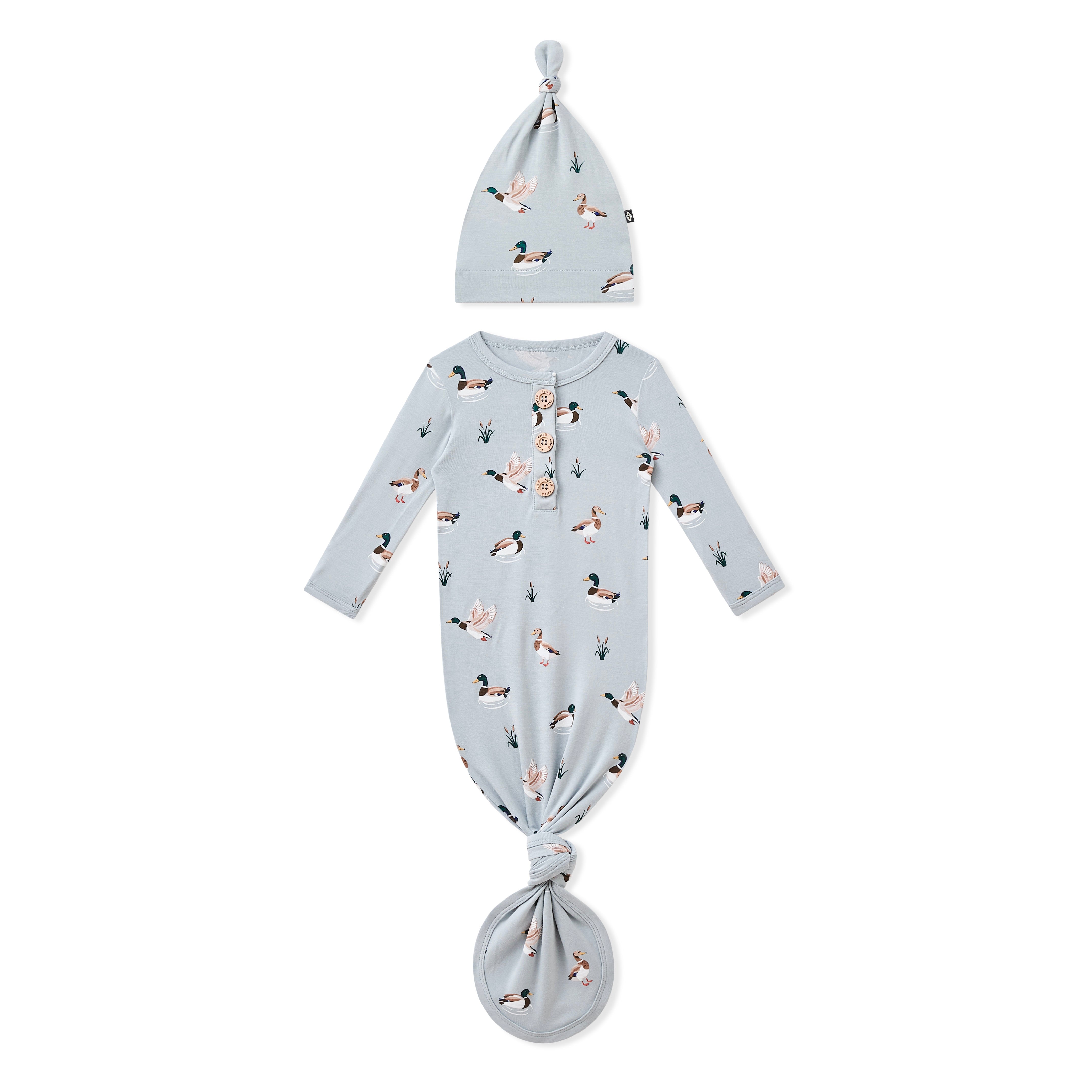 Product photo of the Knotted Gown with Hat Set in Mallard Duck on a white surface
